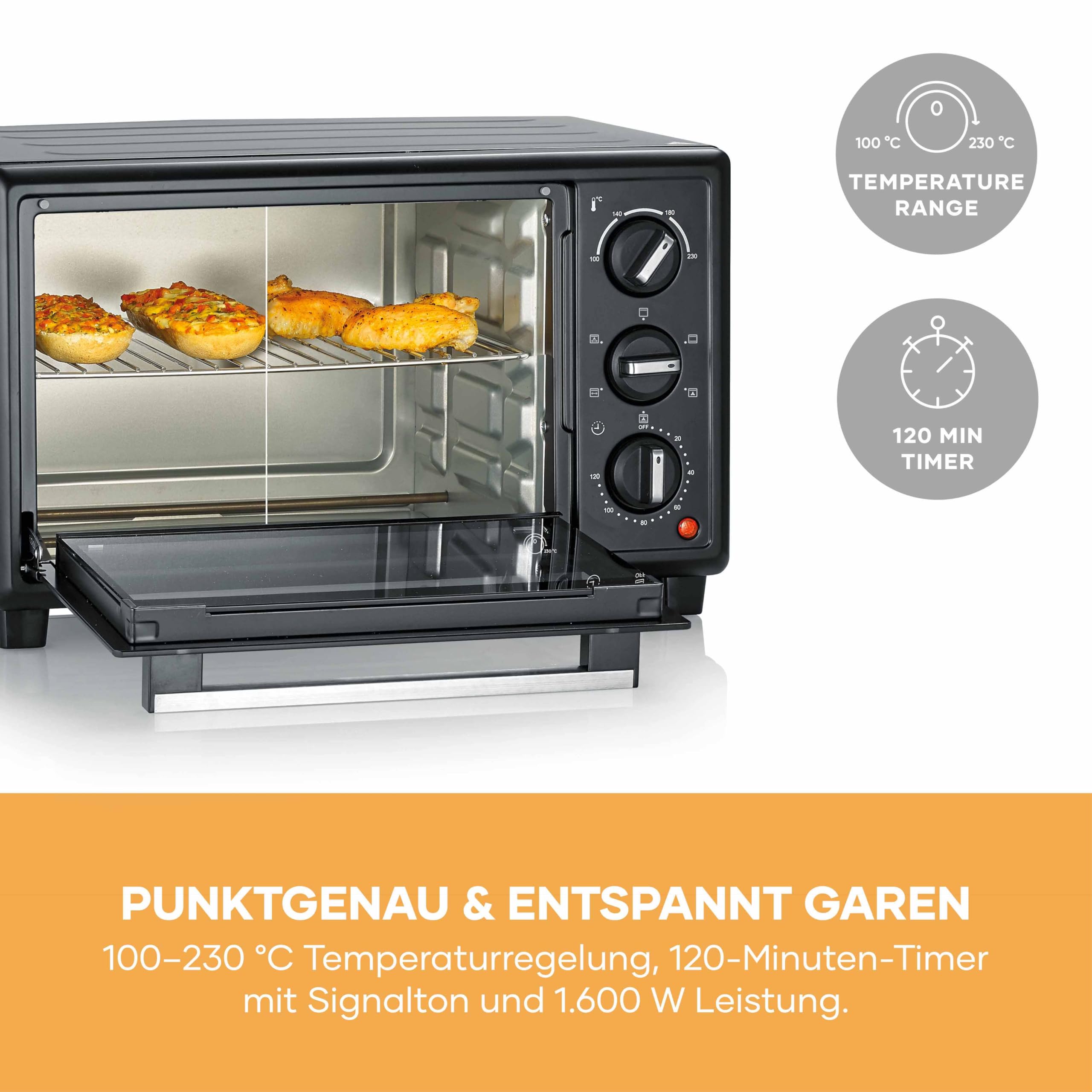 Severin Back- und Toastofen, Bake&Toast, 20L, bis 230°C, Umluft-Funktion, Ober- und Unterhitze, inkl. Pizzastein, Drehspieß, Krümelblech, Backblech, Grillrost, 120Min. Timer, 1600W, schwarz, TO 2079