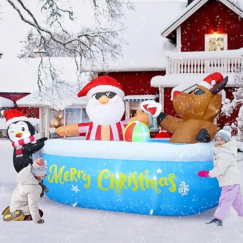 Miniatura 4 de Decoración inflable de Navidad de 7 pies para exteriores, inflables de Navidad, fiesta en la piscina de Papá Noel con 8 luces LED integradas y