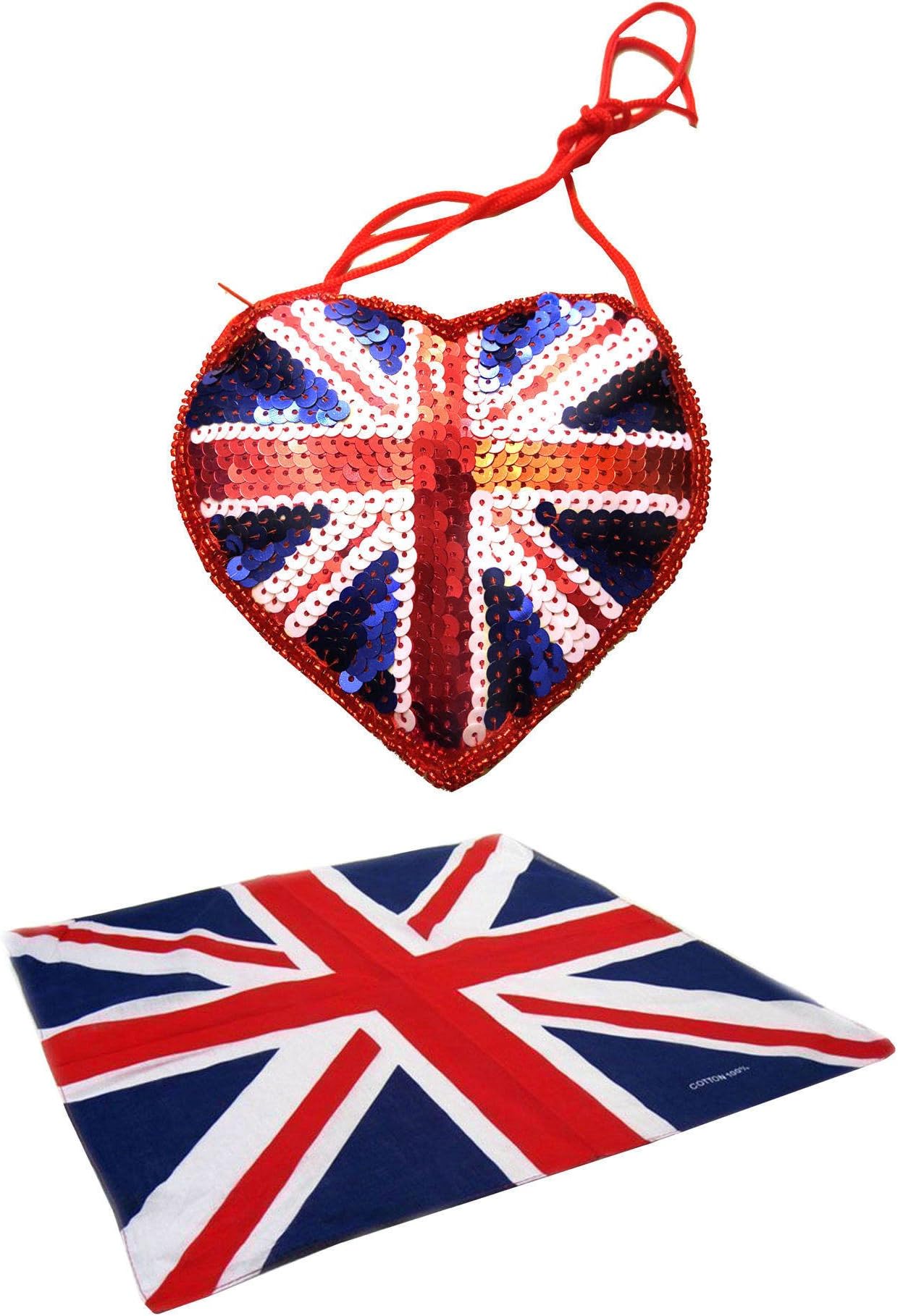 British Union Jack Sequinned Coin Purse Bag + Bandana Neck Scarf Spice Girls Fancy Dress