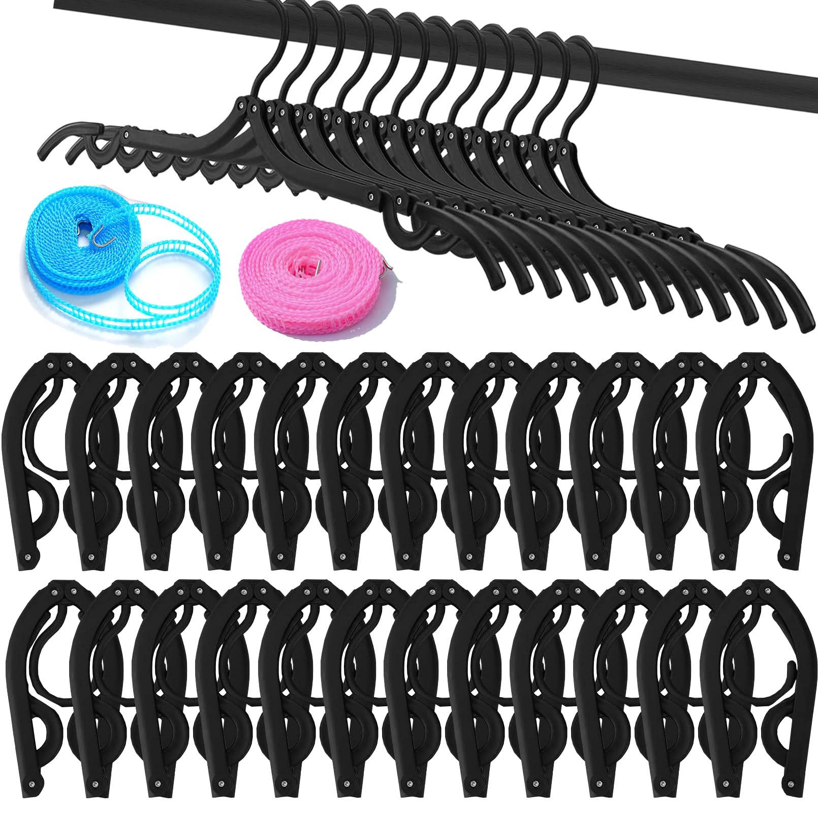 24 PCS Travel Hangers,Portable Folding Clothes Hangers,Clothes Hangers with Clotheslines,Foldable Clothes Drying Rack for Travel,Plastic Foldable Non
