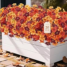 Alupssuc 20 Bundles Autumn Artificial Flowers Outdoor Decorations, UV Resistant Larger Flower Fall Fake Plants for Outdoor Indoor Hanging Baskets Garden Yard Porch Home Decor, Orange Yellow Brown