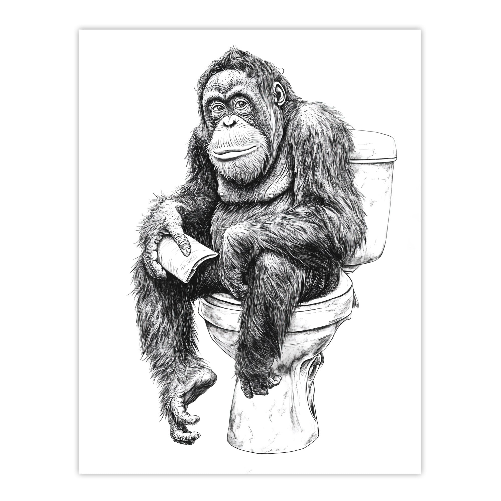 Artery8 - Wall Art Print - Orangutan Ape On Toilet Drawing - W18" x H24"