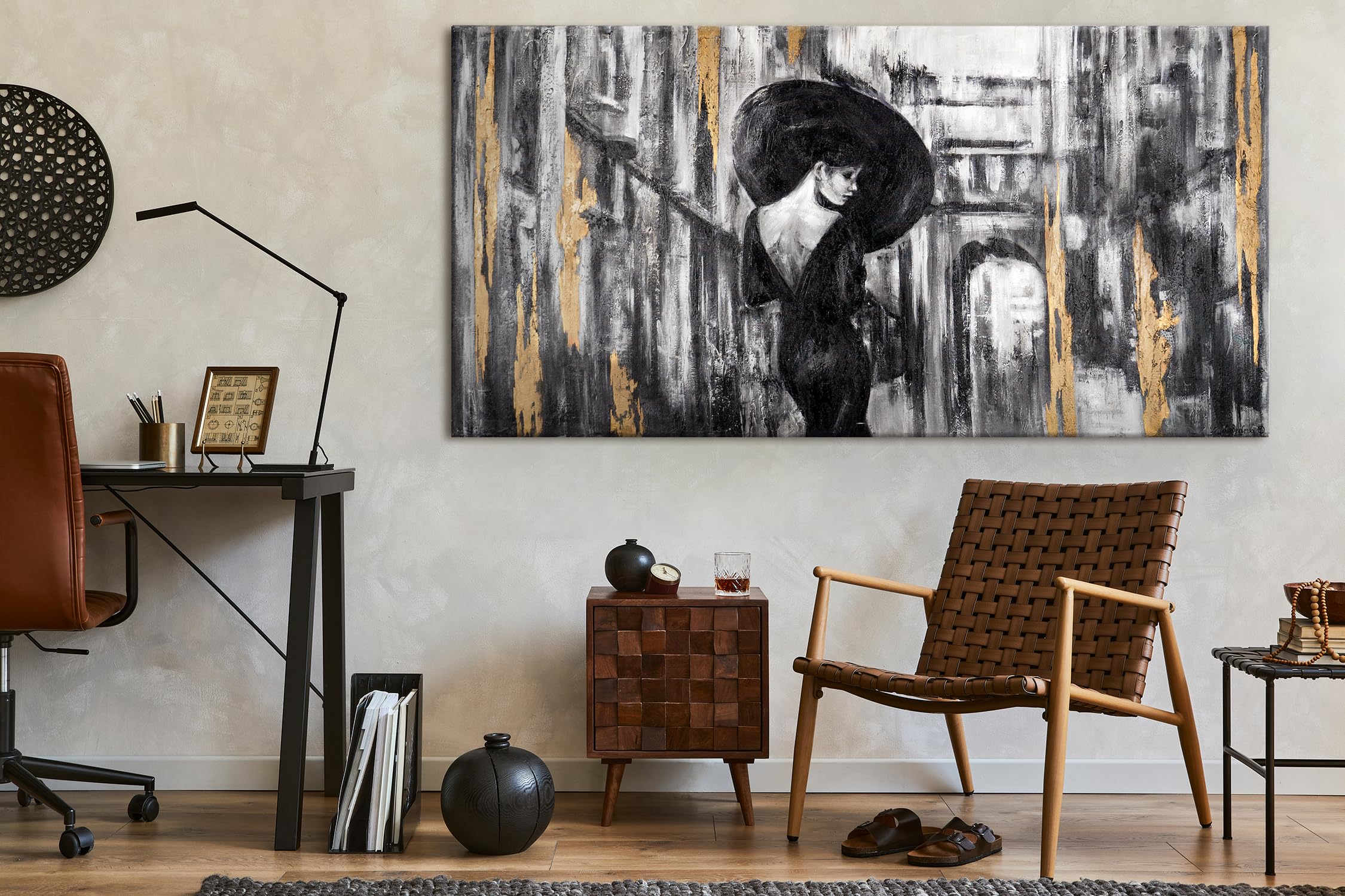 YS-Art Abstrakt Stil Acryl Gemälde auf Leinwand Filmstreifen handgemalt Wandbilder Wohnzimmer modern Wohndekor Bilder Nostalgie echte Kunstwerke gerahmt 120x60 cm