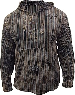 Shopoholic Fashion Mens Stonewashed Striped Hooded Grandad Shirt