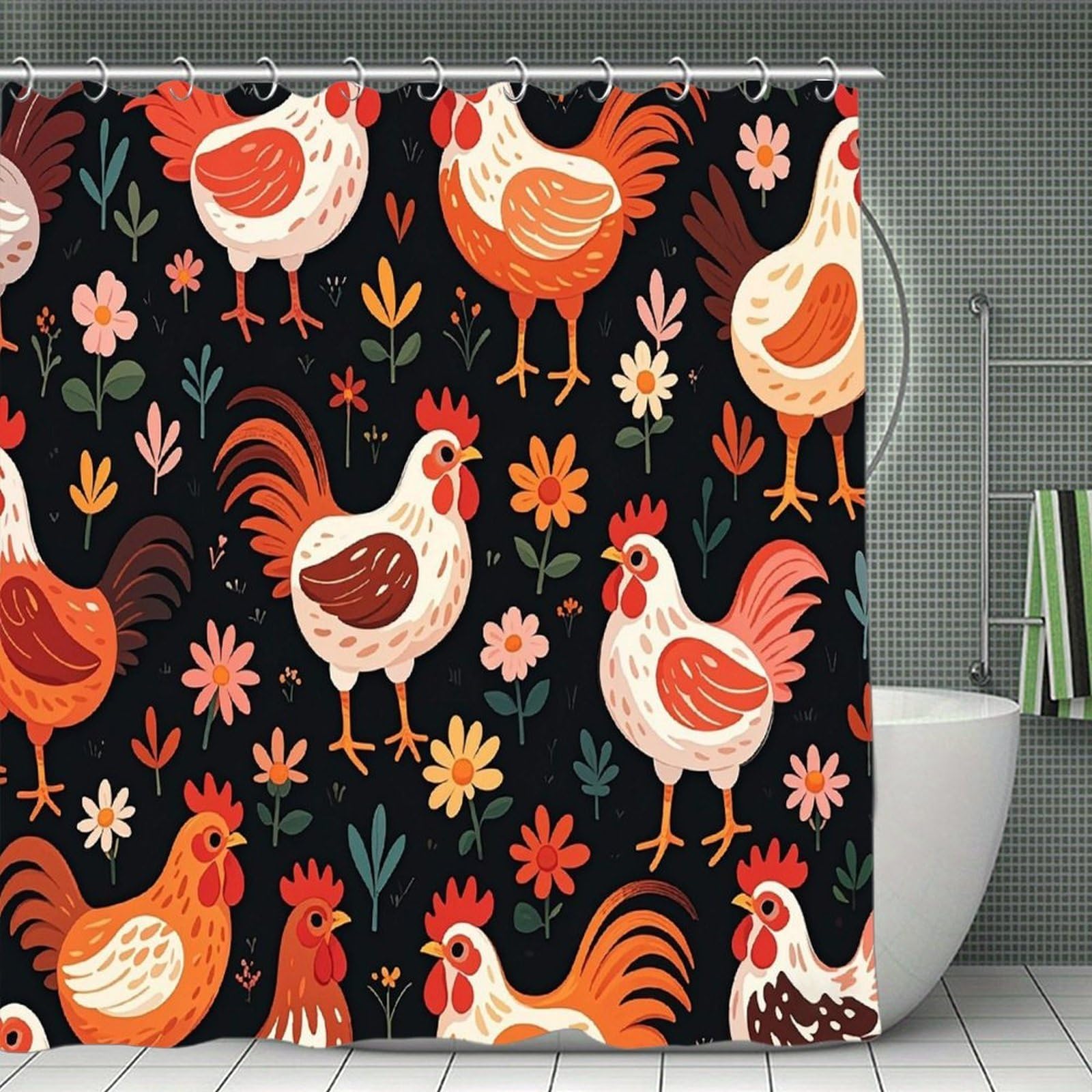FekiLoot Cute Rooster Chickens Shower Curtain Minimalist Aesthetic Bath Curtain with Hooks Simple Water Resistant Bathroom Shower Curtains Cute Blackout Privacy Curtains Cloth Curtain