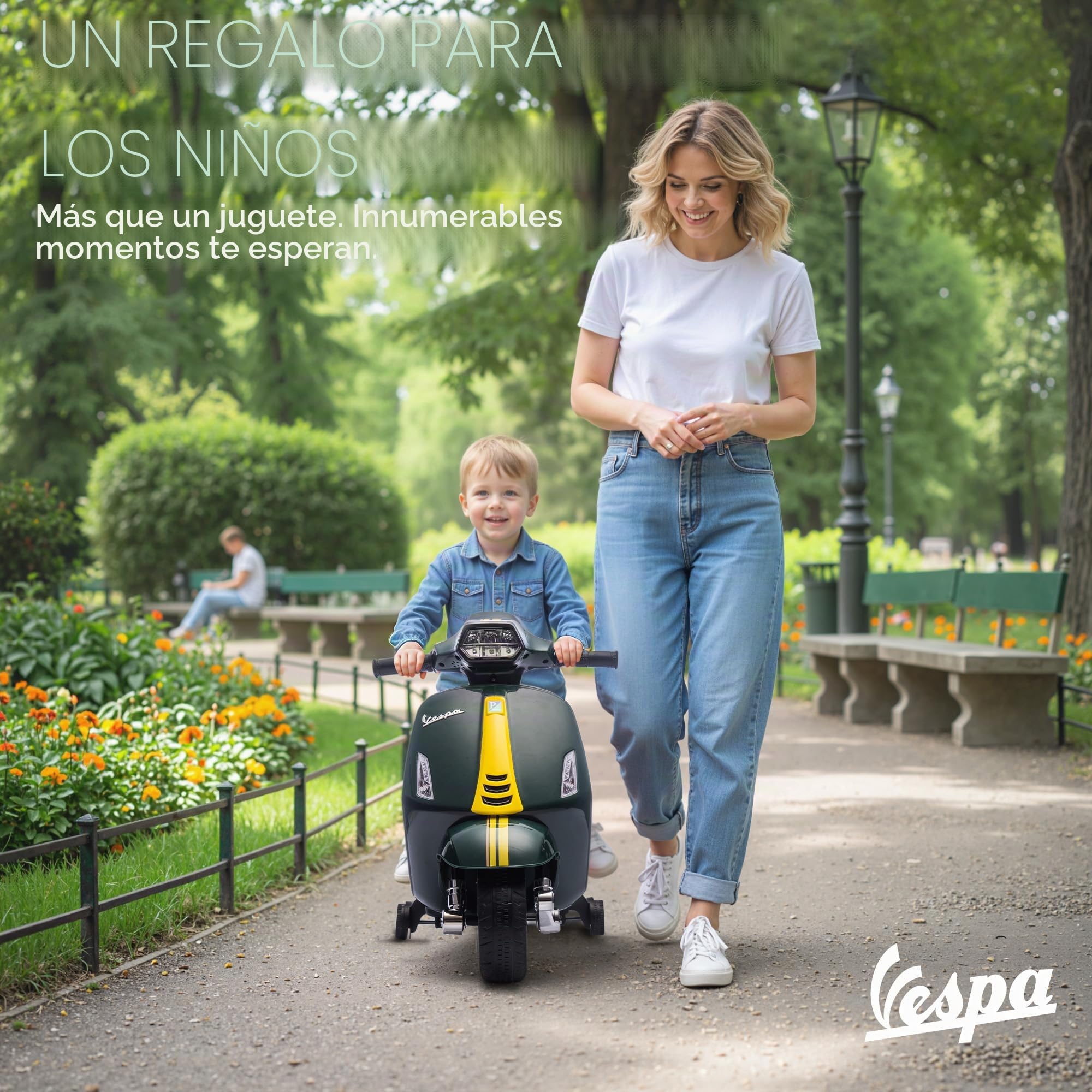 AIYAPLAY Moto Eléctrica para Niños 6V, Vespa con Licencia Oficial, con Ruedas de Aprendizaje de 17,5 cm, Velocidad 2,5 km/h, Faro y Bocina, para 2-6 Años, Verde Oscuro