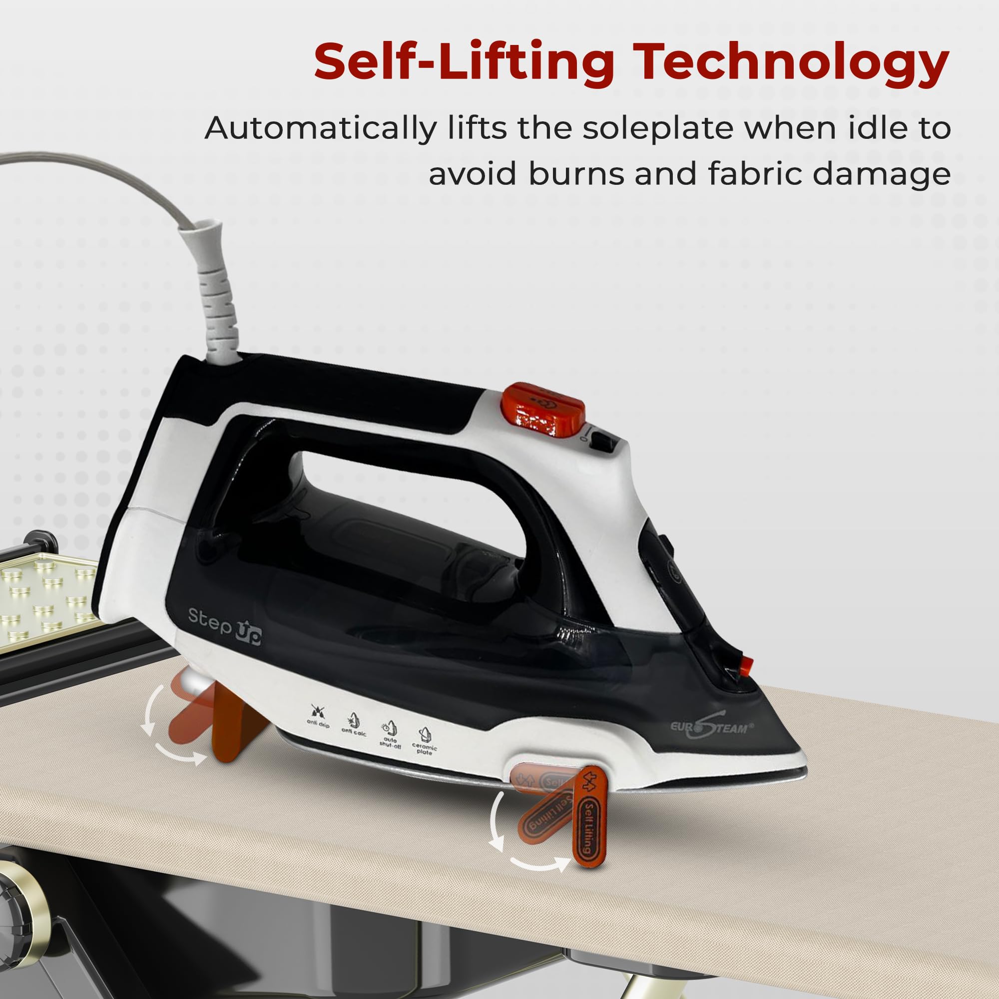 Eurosteam Step Up Bügeleisen – selbsthebendes Smart-Bügeleisen mit Keramik-Sohle – Auto-Lift-Sicherheit und intelligente Temperatur-Technologie für alle Stoffe – Bügeln neu konzipiert: intelligent