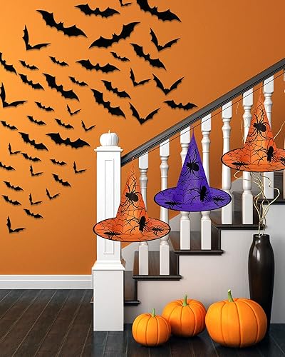 Miniatura 5 de 6 sombreros de bruja de Halloween con 60 calcomanías de murciélagos o arañas 3D, accesorio de disfraz de bruja para decoración de Halloween en