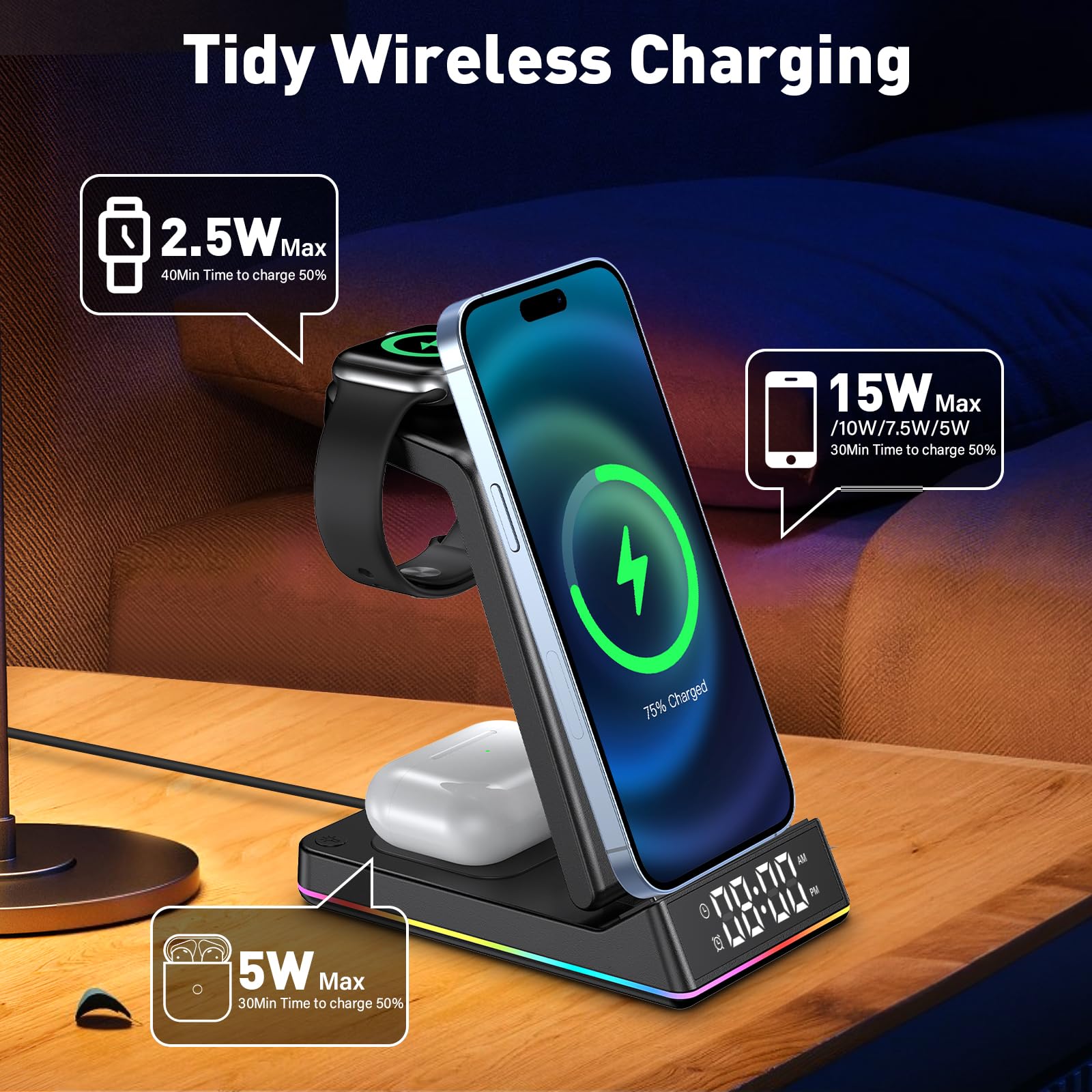 Stacja ładująca 5 w 1 Apple Watch i iPhone, bezprzewodowa ładowarka indukcyjna iPhone z zegarem wyświetlaczem LED, lampka nocna RGB, stacja ładująca do słuchawek AirPods, biurko, do sypialni