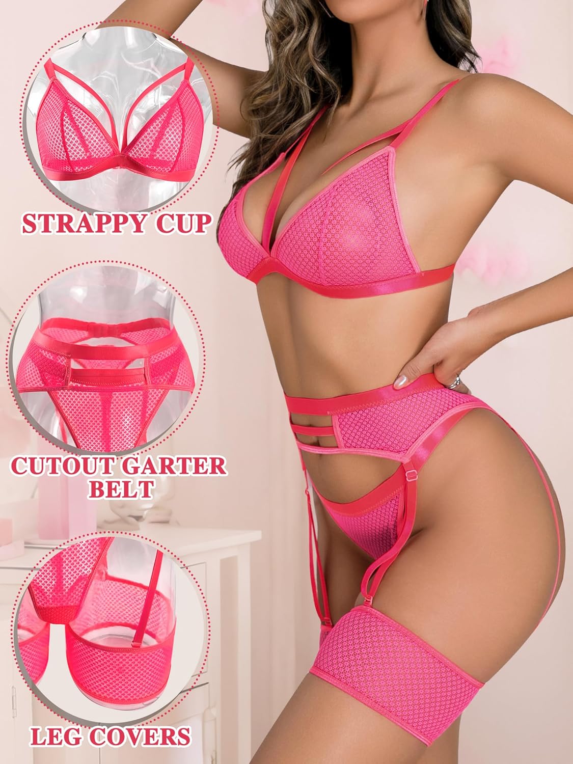 popiv Women's Sexy Lingerie Set with Garter Belt Matching Bra and Panty Lingeries Sets 4 Piece - Image 2