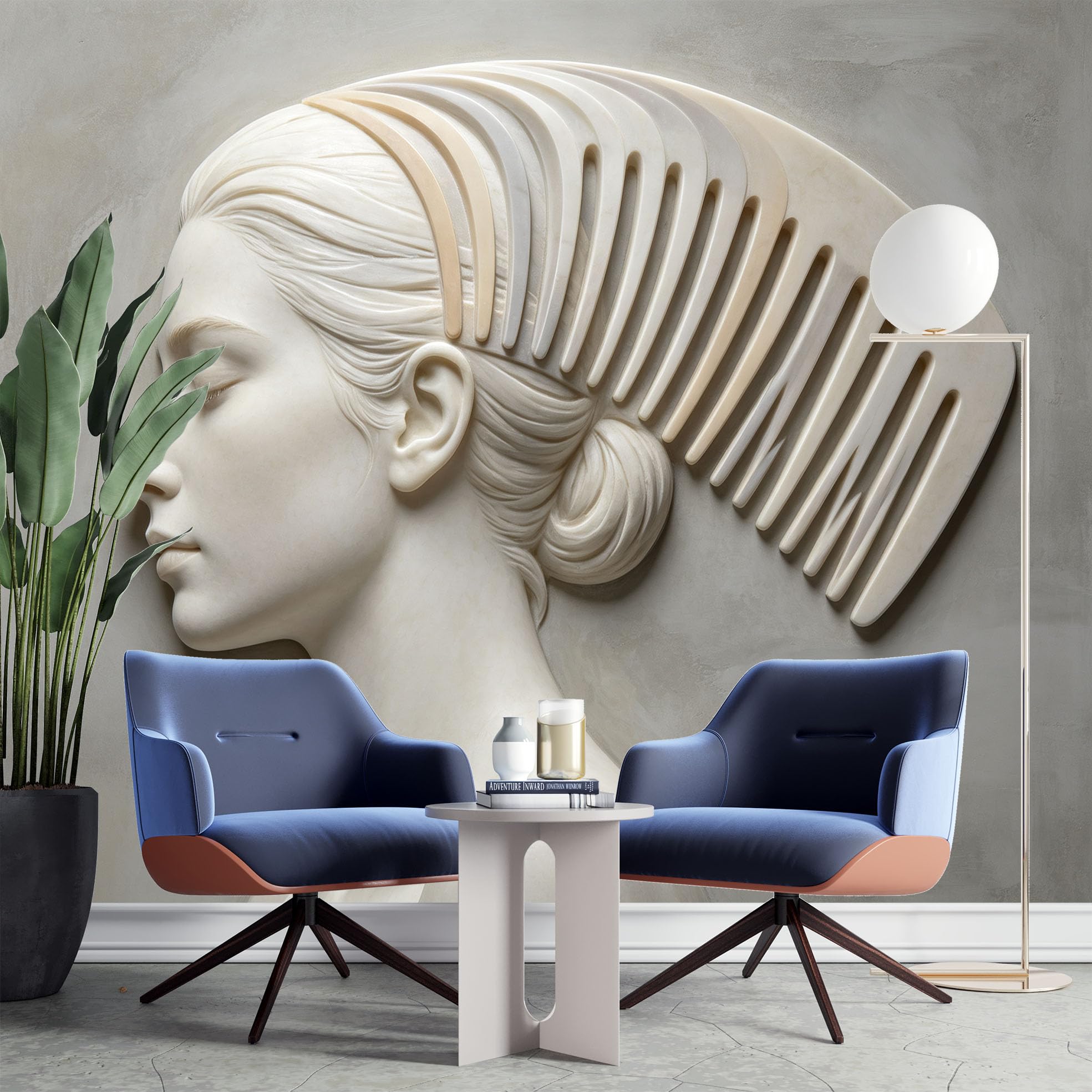 Fototapete Relief Effect Frauenprofil mit Riesigem Kamm Wandbild Tapete Nicht Gewebte 159 x 280 cm 3D Fototapete Abstrakte Wandkunst für Wohnzimmer Schlafzimmer Hintergrund Wohndekoration