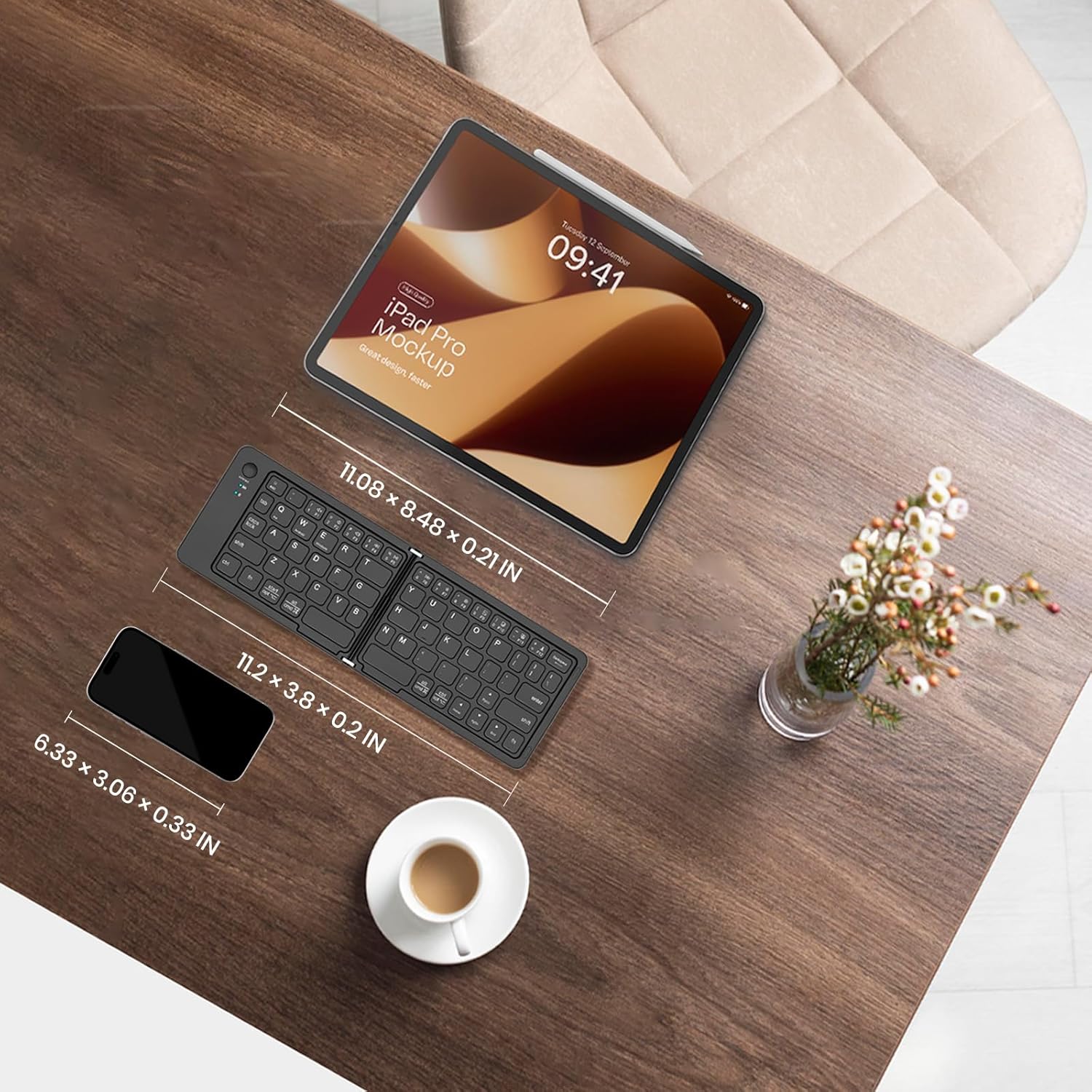 MKETech Foldable Wireless Bluetooth Keyboard shown next to a smartphone and tablet, with dimensions indicated.