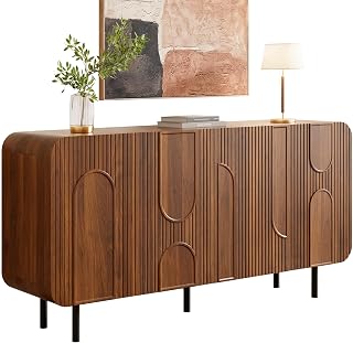 Sideboard chest of drawers with 4 doors and adjustable shelves, buffet cabinets, side cabinets, storage cabinets, kitchen cabinet with rounded corners and geometric embossing, 160 × 40 × 79 cm, walnut