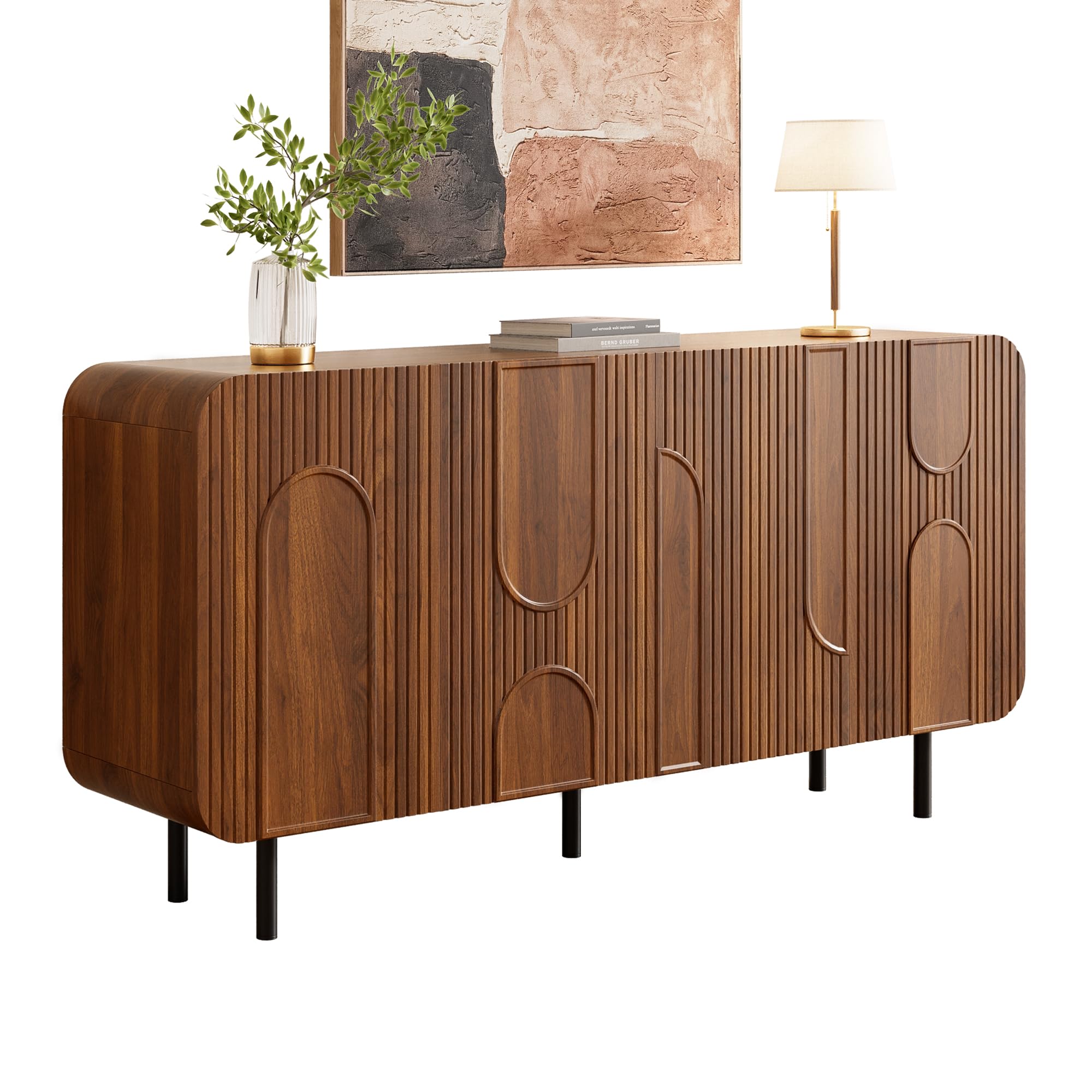 Credenza con 4 ante e ripiani regolabili, armadietto da cucina con angoli arrotondati e goffratura geometrica, 160 x 40 x 79 cm, noce