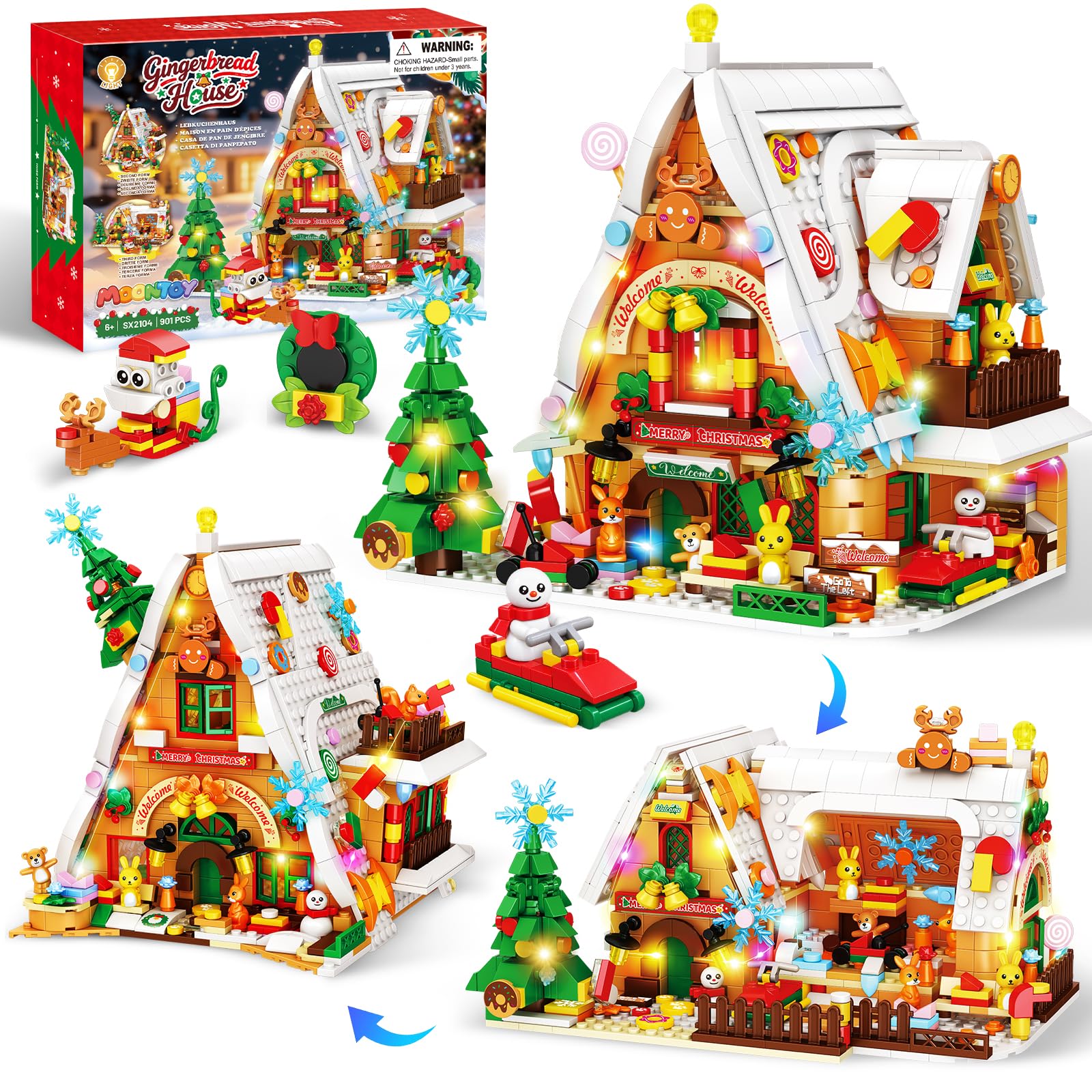 MOONTOY Calendario dell'Avvento 2026, Casa di Pan di Zenzero 3-in-1 con Luci LED, 24 Giorni di Sorprese Set di Costruzioni, Decorazione Natalizia Regalo di Natale Albero per Bambini Adulti dès 8 Ans