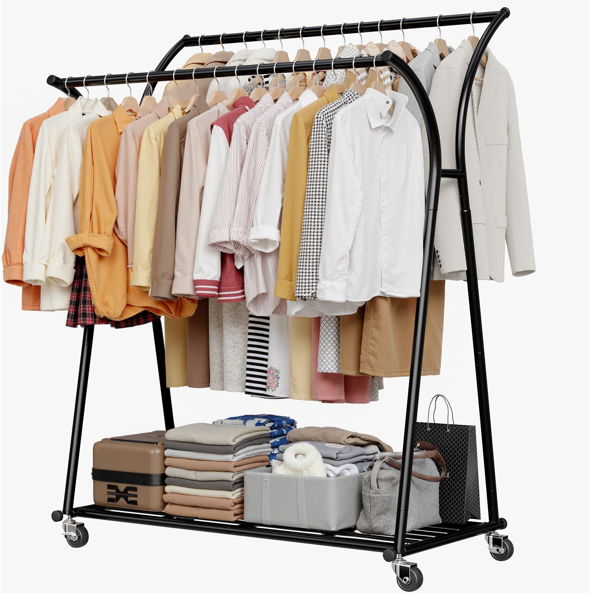 Raybee Clothes Racks for Hanging Clothes, Clothing Rack with Sturdy Wheels Load 360LBS, Portable Double Rod Garment Racks for Closet, Bedroom, Commercial Use, Black