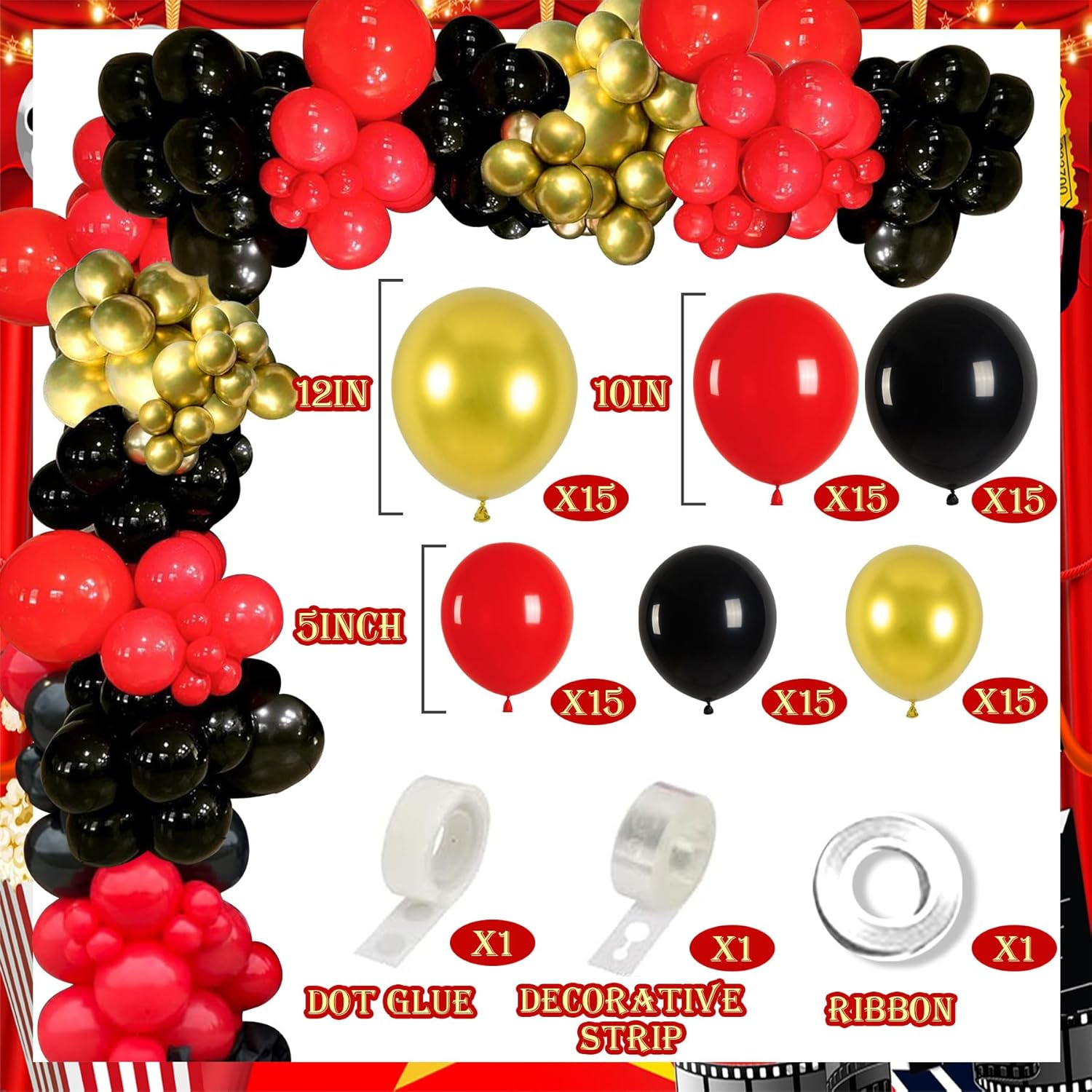121pcs Movie Night Decorations, Movie Theme Party Decorations, Movie Theater Decorations, Backdrop, Banners, Cardstocks, Tablecloth, Popcorn Clapboard Foil Balloons Arch for Movie Night Birthday Party
