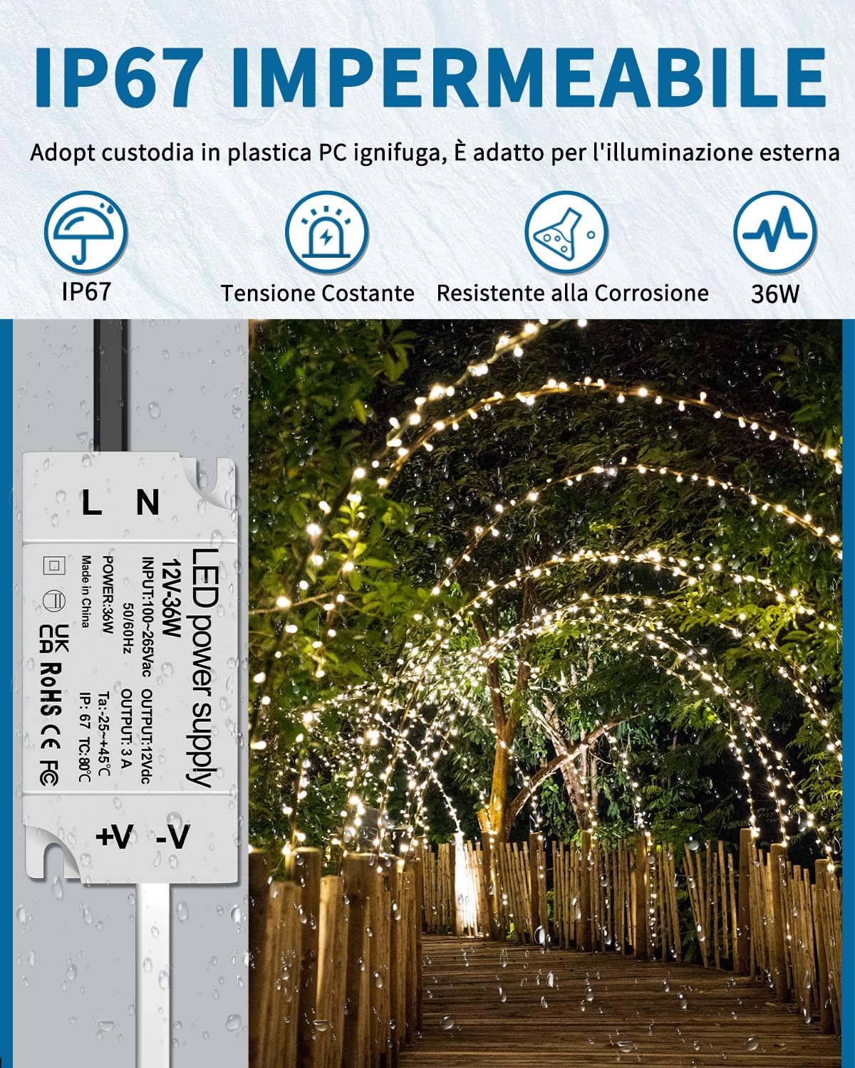 Bonlux Trasformatore 220 V 12 V LED Alimentazione 12 V 3 A 36 W IP67 Impermeabile per MR11 G4 MR16 GU5.3 Lampadine e striscia luminosa, Interno/Esterno, Mini Transfo