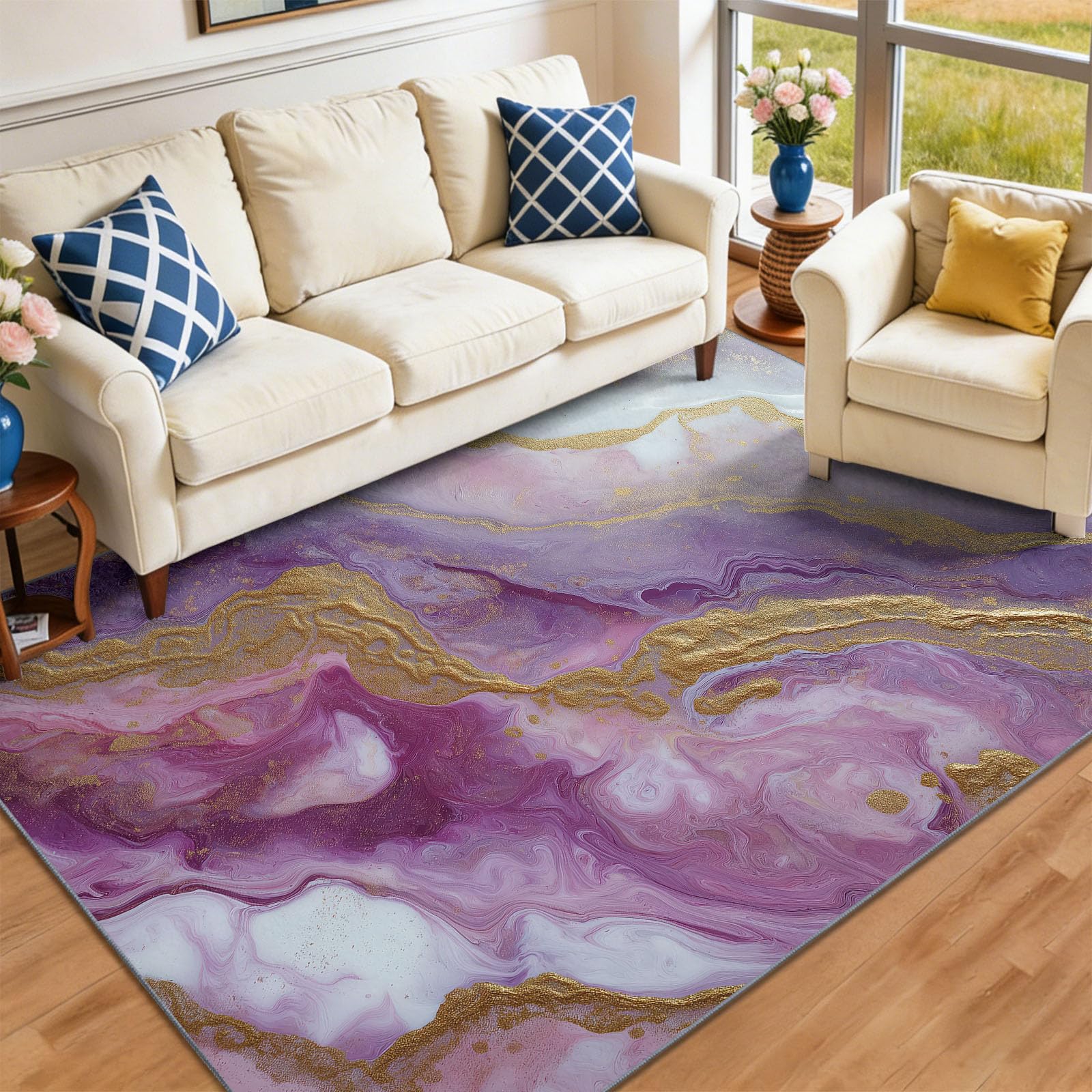 Nowoczesny abstrakcyjny dywan do salonu, 160 x 230 cm, nadaje się do prania, ultracienki, fioletowy, antypoślizgowy dywan do sypialni, jadalni, przedszkola, biura, marzycielski, płynna, złota folia