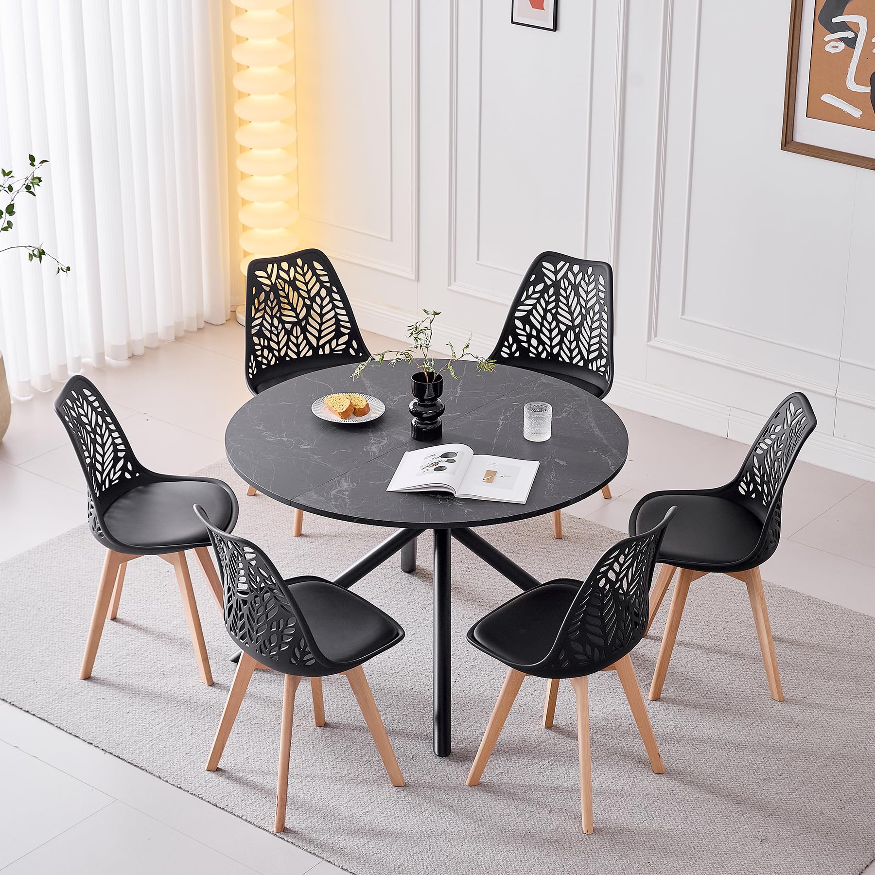 Lot de 6 chaises de Salle à Manger de Style Nordique Chaises de Cuisine aux Pieds en Bois Massif,Dossier ajouré et revêtement en Similicuir pour salles à Manger, Cuisines et Salons,Blanc
