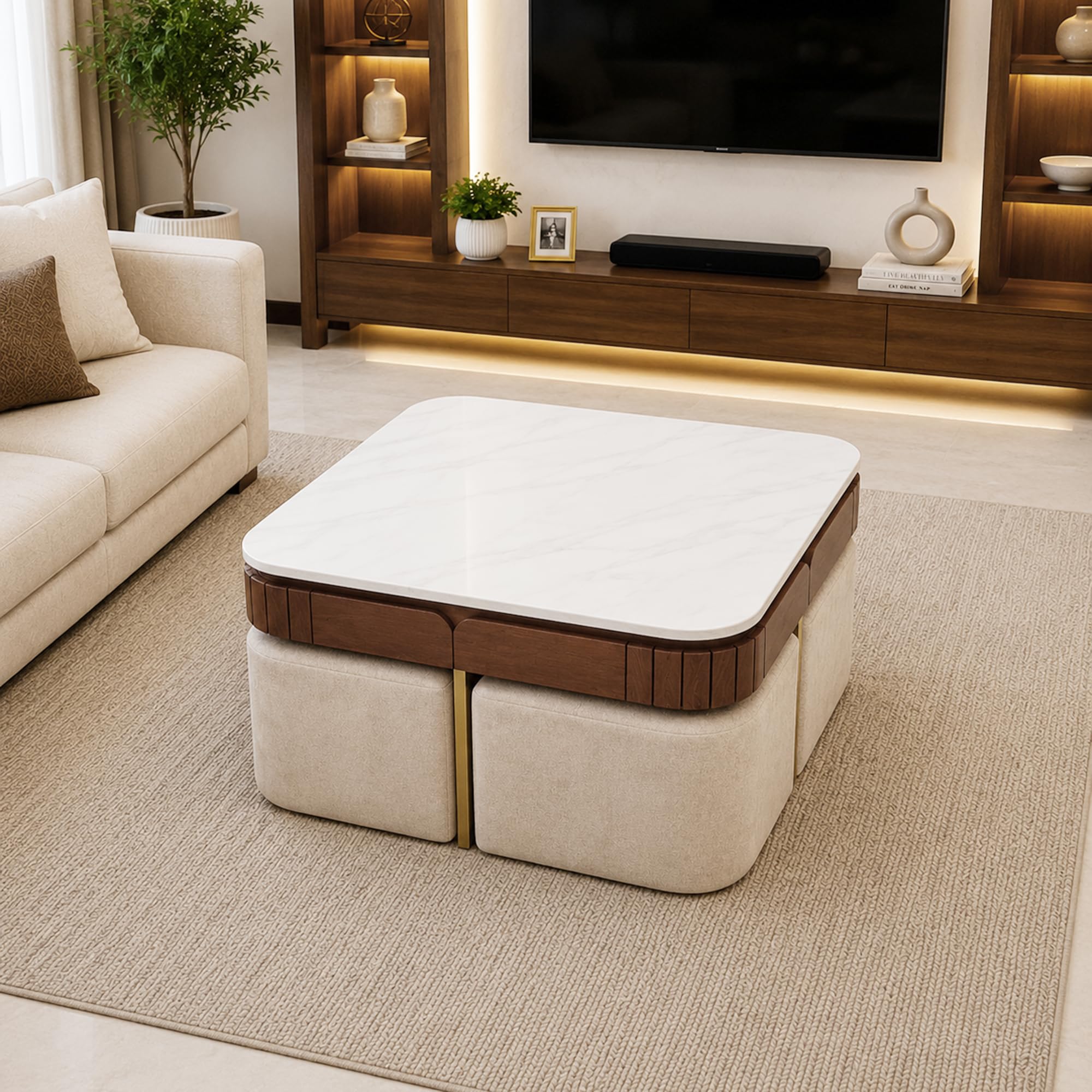 The Attic Carlston Coffee Table for Living Room, Solid Wood Centre Table with Ceramic Top, Tobacco Brown Finish-image-22