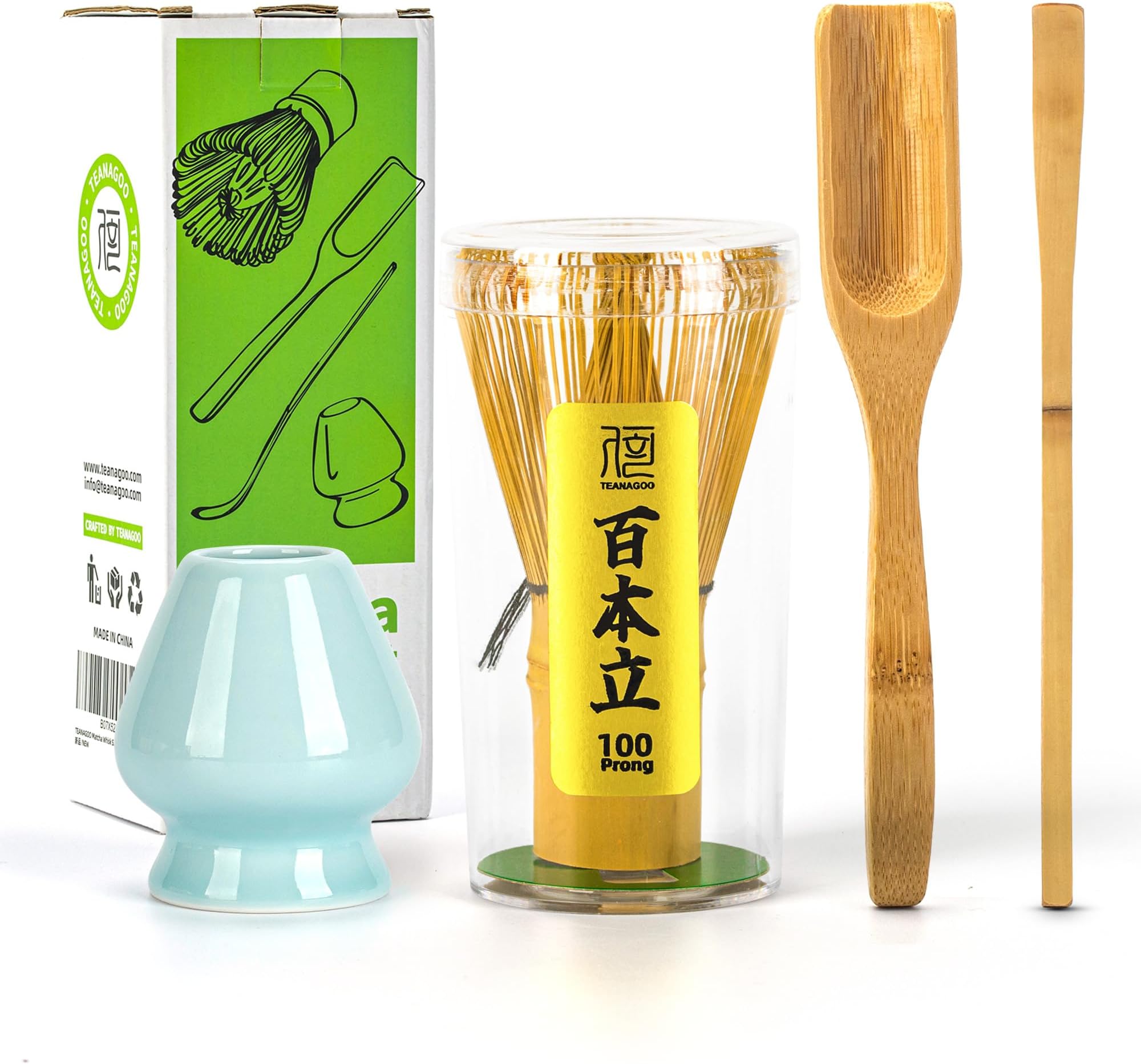 TEANAGOO Matcha Set, Bamboo Whisk (Chasen), 4 Pcs Matcha Kit，Traditional Scoop (Chashaku), Blue Celadon Whisk Holder, Perfect for Matcha Latte & Traditional Ceremonies | Premium Matcha Gift Set