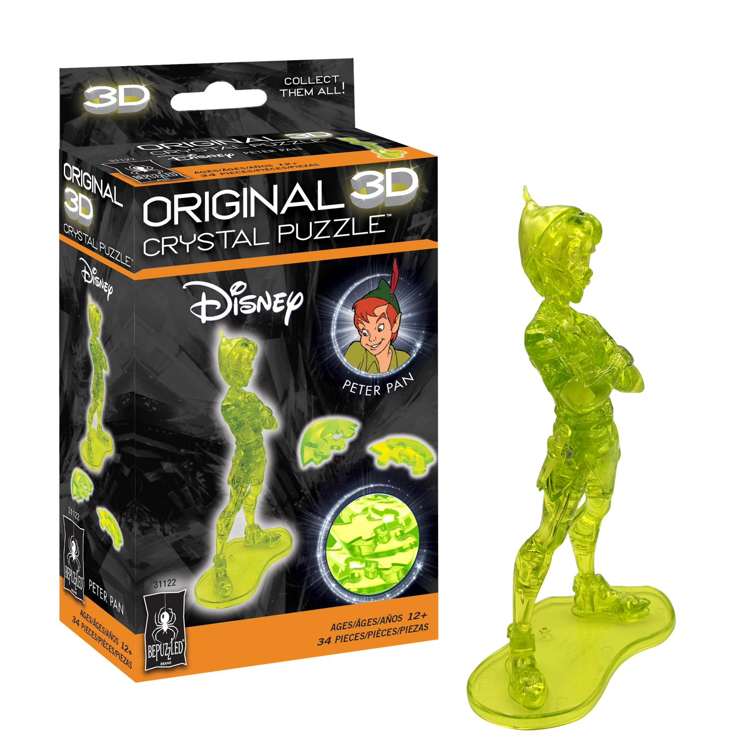 A completed translucent green 3D crystal puzzle of Peter Pan standing on a base.