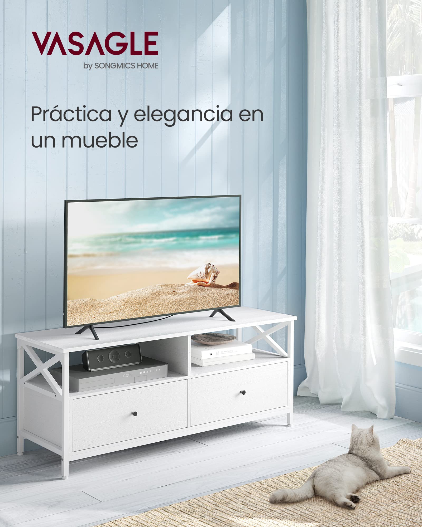 VASAGLE Mueble de TV, Mesa de TV de hasta 55 Pulgadas, con 2 Cajones y 2 Compartimentos Abiertos, 120 x 40 x 50 cm, para Salón, Dormitorio, Marco de Acero, Blanco LTV300B46