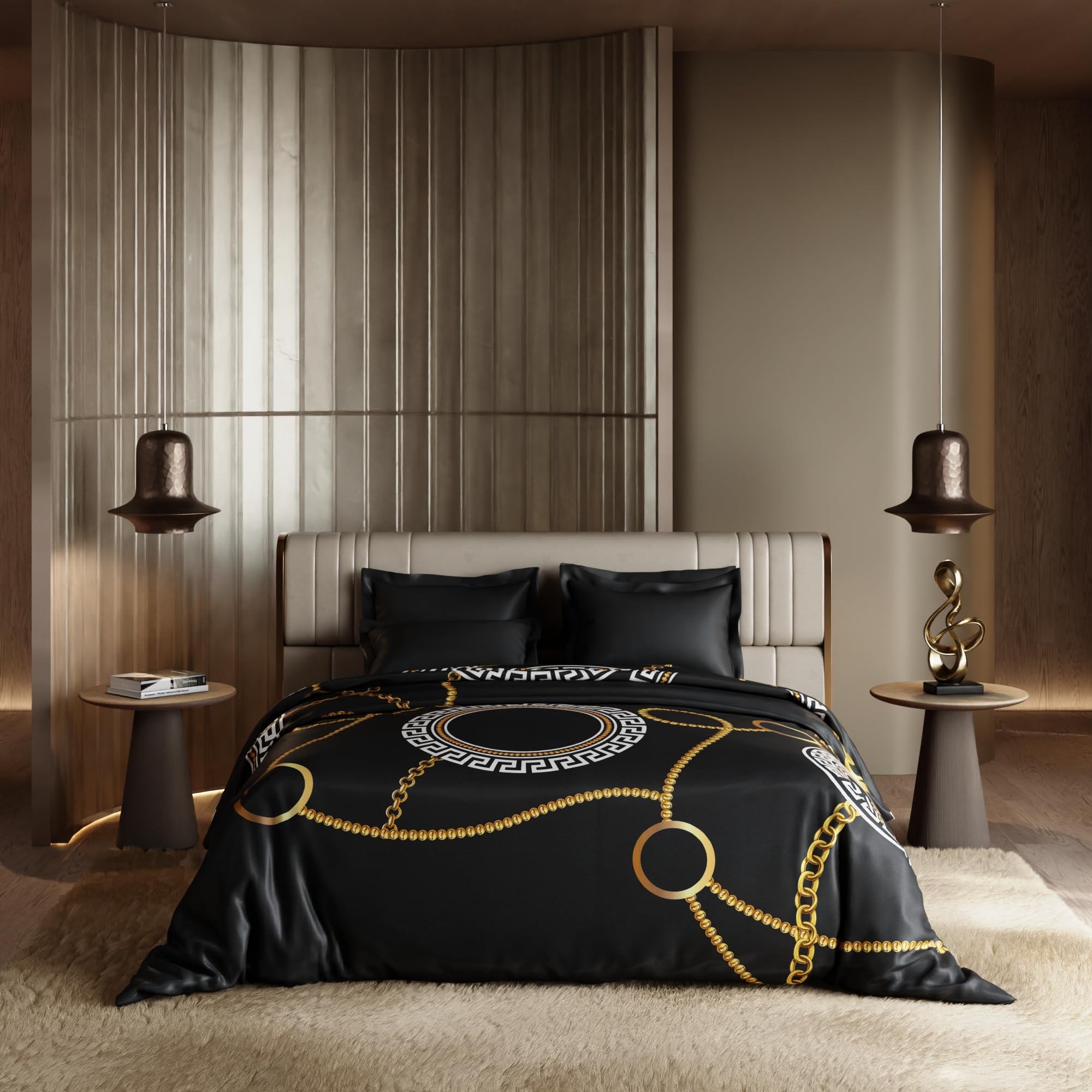 Stoa Paris Satin Comforter, 300TC Comforters for King Size Bed, Easy on Hair & Skin, Aesthetic Home Decor, All Season Bedding, Gift, Housewarming, Baroque - Jet Black - White -Gold-image-6