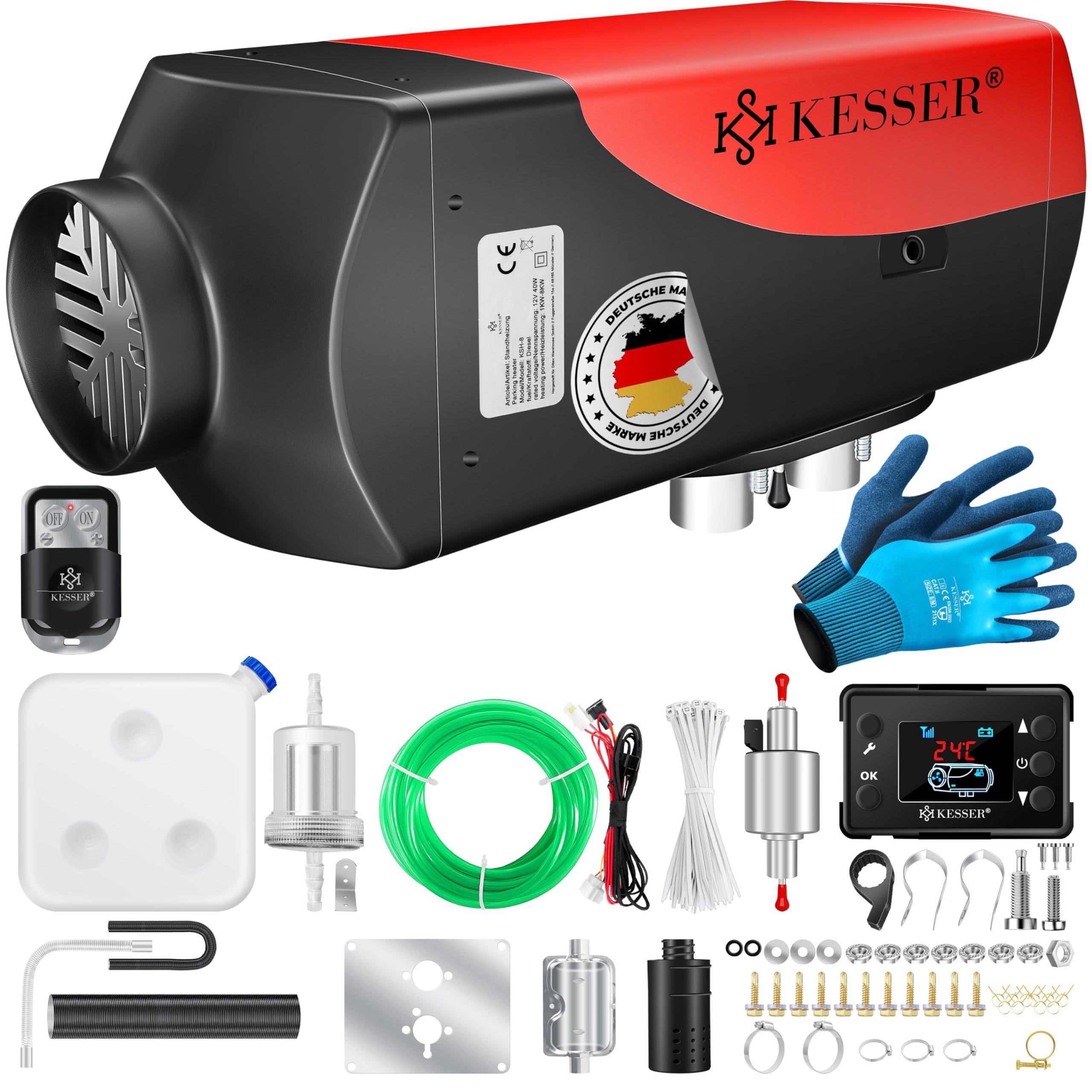 KESSER® Standheizung Diesel 8kW Dieselheizung 12V/24V mit Timer, LCD-Display & Fernbedienung | Schnelles Aufheizen | Lufterhitzer mit Schalldämpfer & Thermostat (Rot, 8KW)