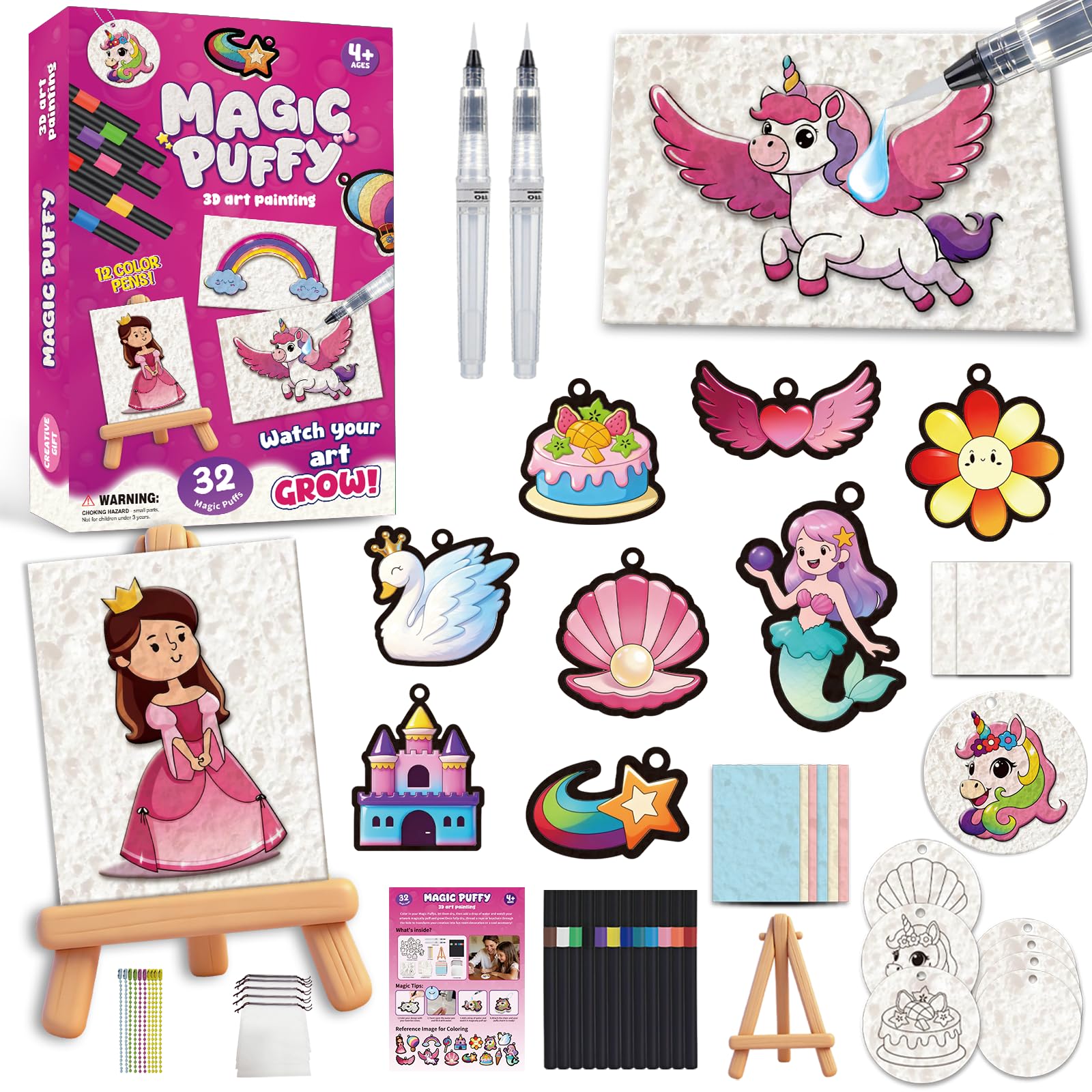62Pcs Magic Puffy Paint Kit, Magic 3D Foam Texture Painting Kit with 32Pcs Foam Texture Paper, 12 Colored Markers, Water Brushs and Mini Easel, Puffy Magic Canvas Sponge for Crafts and DIY (Princess)