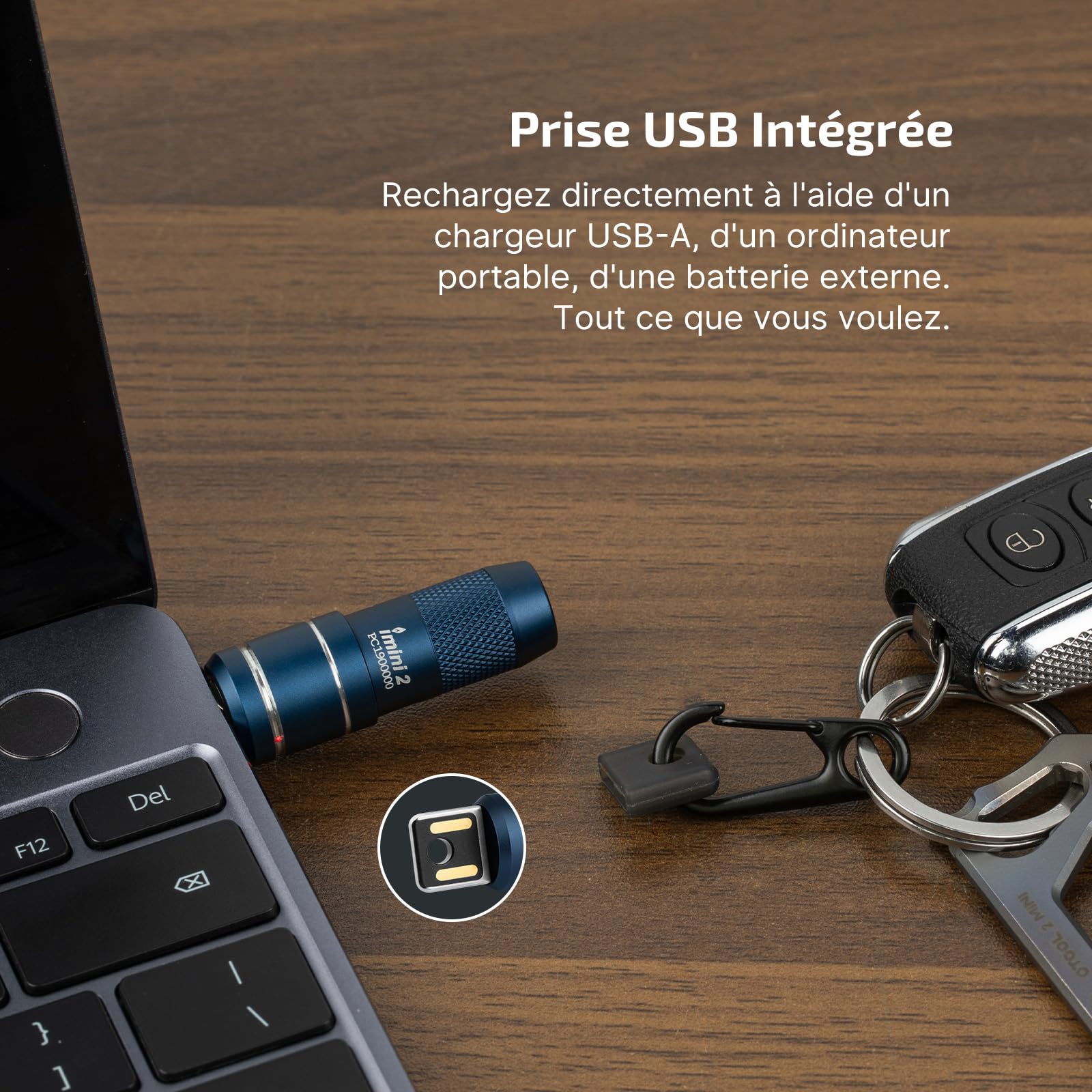 OLIGHT I MINI 2 Port USB Magnétique Mains Libres Lampe de Poche Rechargeable 50 Lumens Lumière Douce Petite et Puissante Clé pour la Décoration (Bleu Nuit)