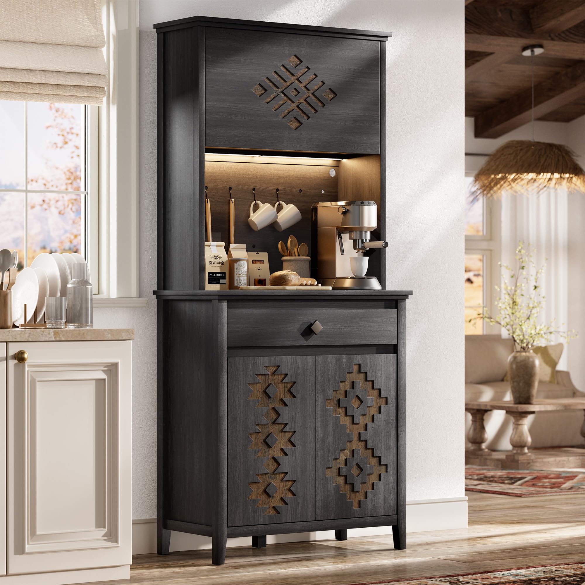 nesture. 72" Tall Kitchen Pantry with Hydraulic Flip Up Door, Storage Cabinet with LED Lights & Charging Station, Drawer and Adjustable Shelves,