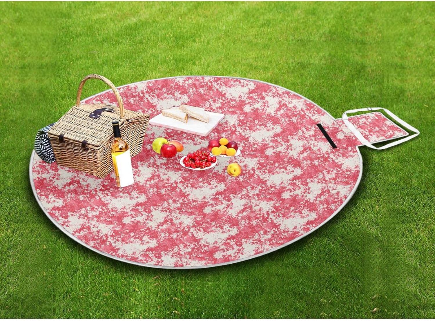 Round Picnic Essentials - Fits 2 Adults, Summer Accessories Water Resistant Outside Blankets for Grass Dual Layer, Sand-Free, Soft Throw Rug 58 in (Red White Mottled Abstract)