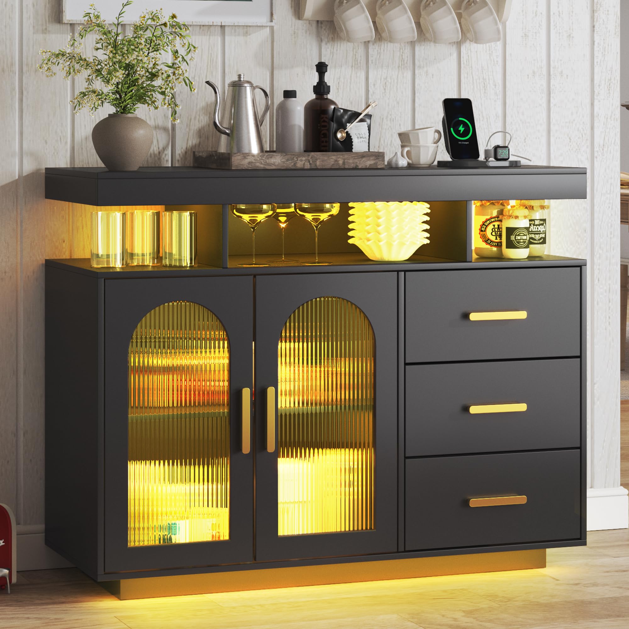 HNEBC LED Sideboard Buffet with Charging Station, Smart Bar Cabinet with Auto RGB Lighted, Coffee Bar with 3 Drawers/Adjustable Shelf for Living Room,