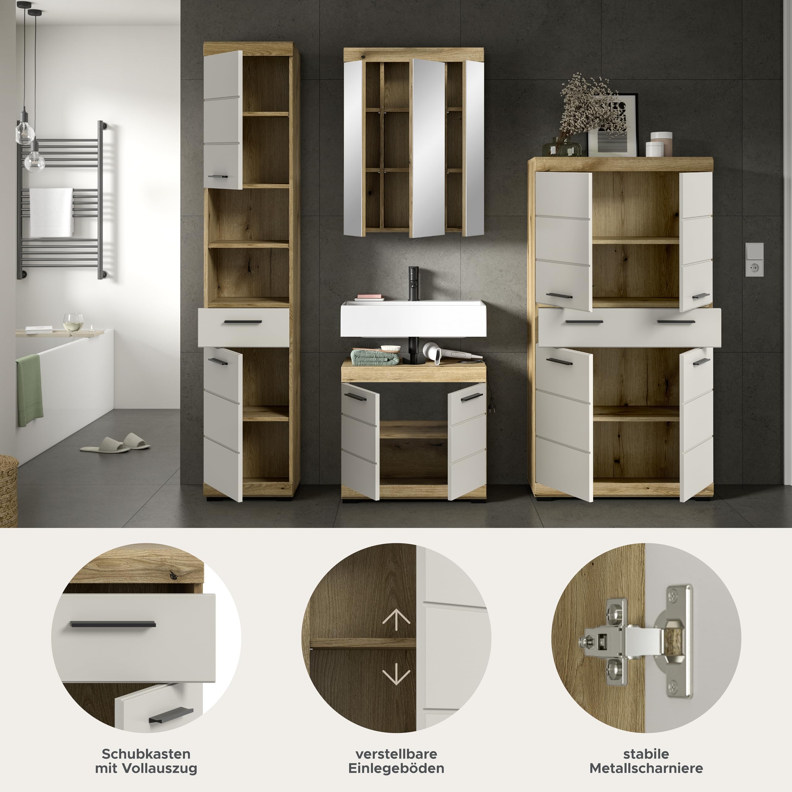 xonox.home – Badkombination Scout 201x191x34 cm in Evoak Oak und Kaschmir Nachbildung matt – Geräumiges Badmöbel-Set mit eleganter Farbgebung – edel – Bild 7