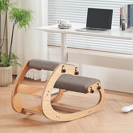 Ergonomic Kneeling Chair,Adjustable Rocking Knee Chair for Home Office,Wooden Office Chair for Back Pain Relief