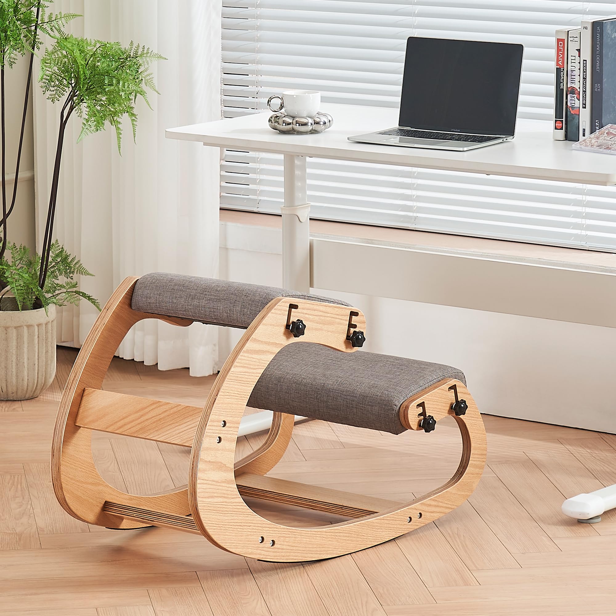 Ergonomic Kneeling Chair,Adjustable Rocking Knee Chair for Home Office,Wooden Office Chair for Back Pain Relief,Grey