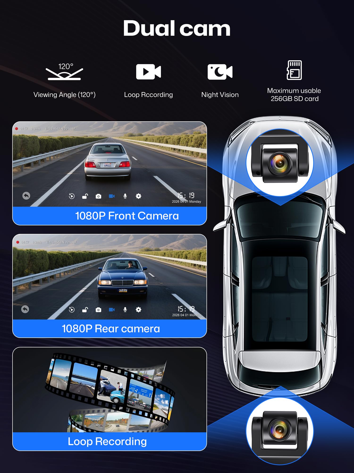 INNOVV V2 bezprzewodowa kamera samochodowa z systemem Android 10,3", ekran dotykowy IPS 1920 × 720 do samochodów, Mirror Link, nagrywanie w pętli, GPS, Siri z regulowanym stojakiem Magic Stand
