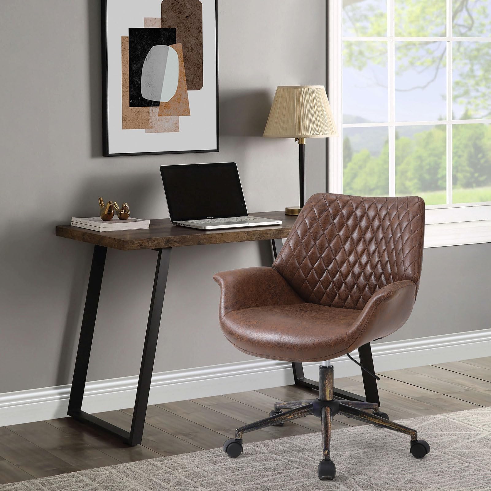 Ermnois Home Office Desk Chair, Faux Leather Modern Height Adjustable Task Chair with Armrest, Back and Wheels for Living Room Study Room and Bedroom, Brown Vanity Chair
