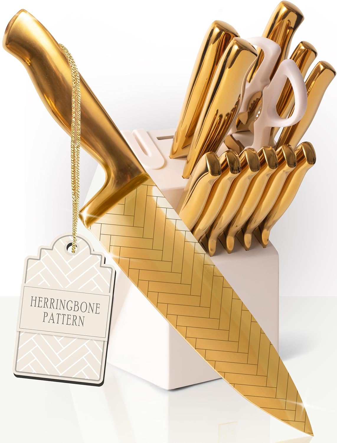 Gold Knife Set For Kitchen -14-Piece Titanium-Coated Blades with Etched Leaves Pattern, Ultra-Sharp Stainless Steel, Durable & Stylish Kitchen Knife Block Set Gold Knife Set For Kitchen -14-Piece Titanium-Coated Blades with Etched Leaves Pattern, Ultra-Sharp Stainless Steel, Durable & Stylish Kitchen Knife Block Set