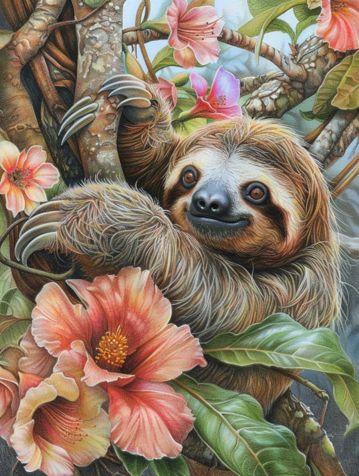 N.LANSHAN 11CT Animale Stampato Facile Modelli Ricamo Per Artigianato Bradipi E Fiori Kit Schemi Punto Croce Set Ricamo Stampato，Artigianato Ricamo Arte Per Arredamento Casa 80x100cm