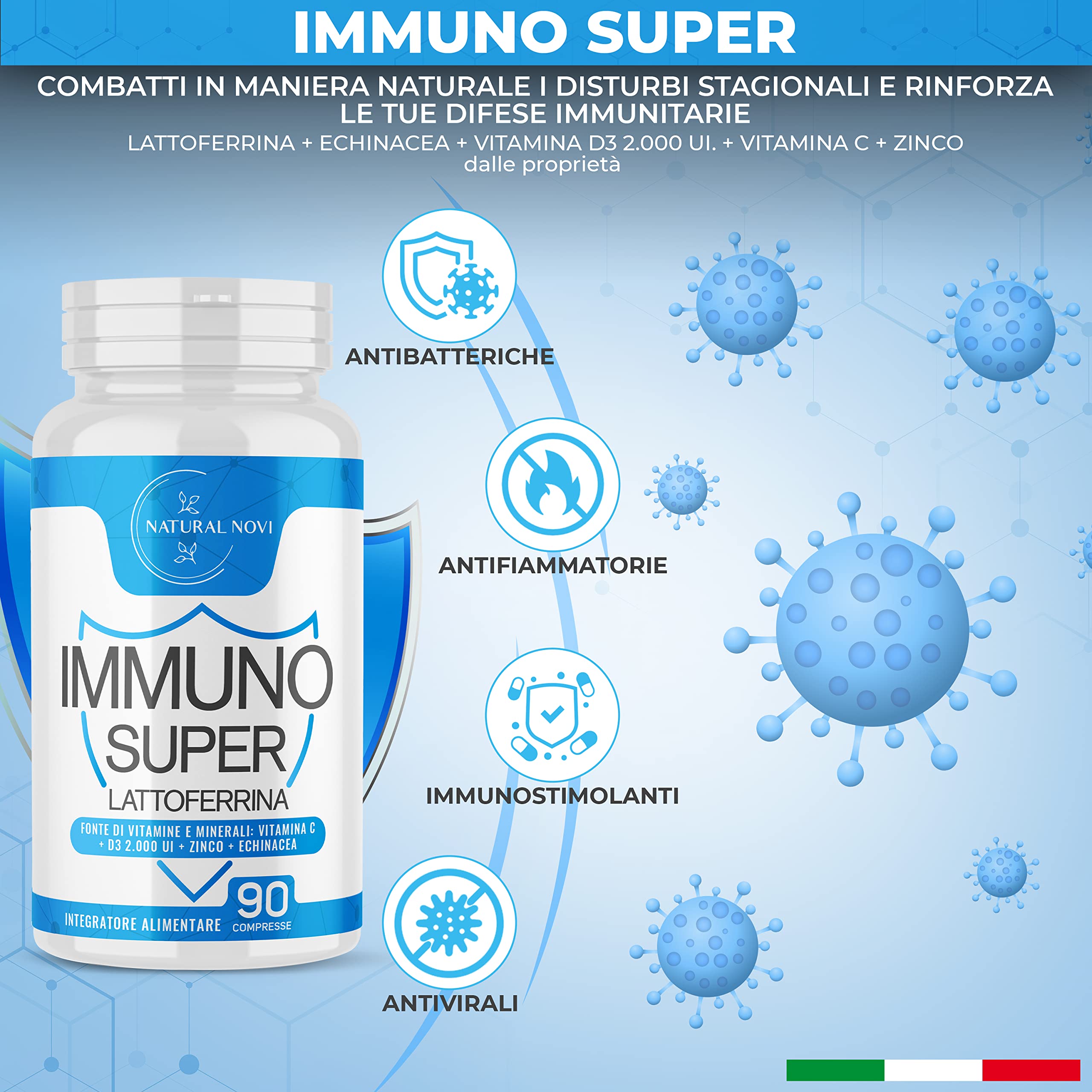 Immuno Super Lattoferrina Pura | 90 Compresse alto dosaggio | 3 mesi di Fornitura | con Vitamina D 2.000 UI | Echinacea | Vitamina C | Zinco | Immuno Stimolante | Rinforza sistema Immunitario