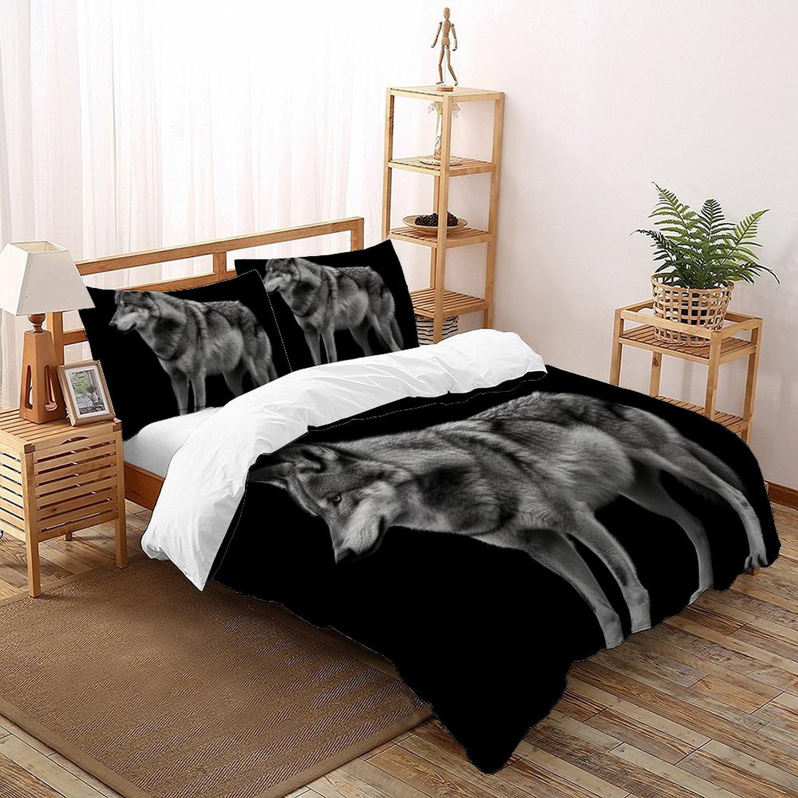 Housse de couette loup gris 220x240 cm avec 2 taies d'oreiller lit king size
