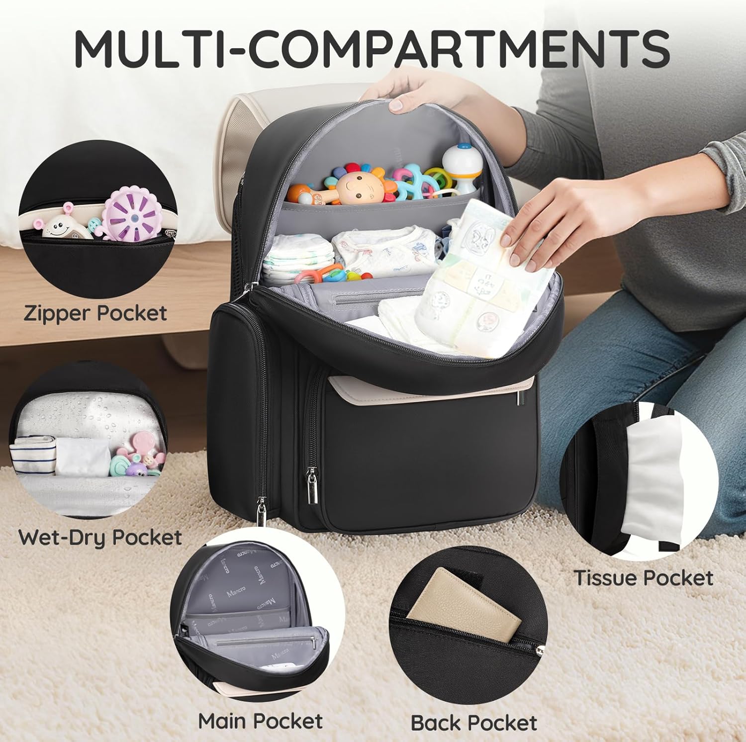 Mancro Small Diaper Bag Backpack with Changing Pad, Stylish Diaper Bag with Insulated Bottle Pocket, Water Resistant Baby Bags for Mom for Travel with Stroller Straps, Black-White