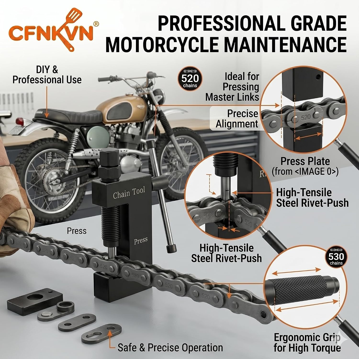 Motorcycle Chain Breaker and Riveter Press Tool for Motorcycles and ATVs, Fits 520 525 530 Chains