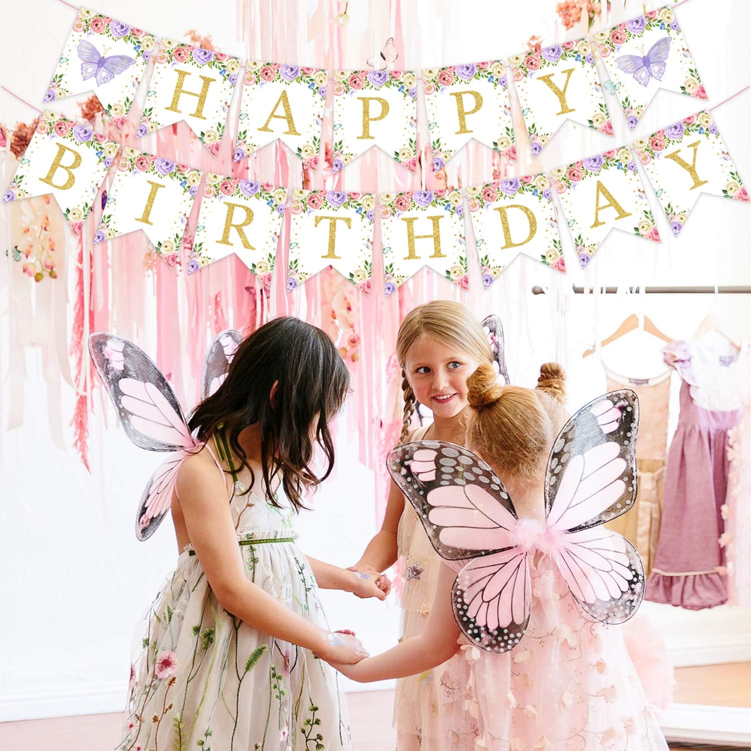 Wildflower Happy Birthday Banner Pink Purple Butterfly Birthday Party Decoration Banner Floral 1st 2nd 3rd Bday Decorations for Girls Women Fairy Garden Party Supplies