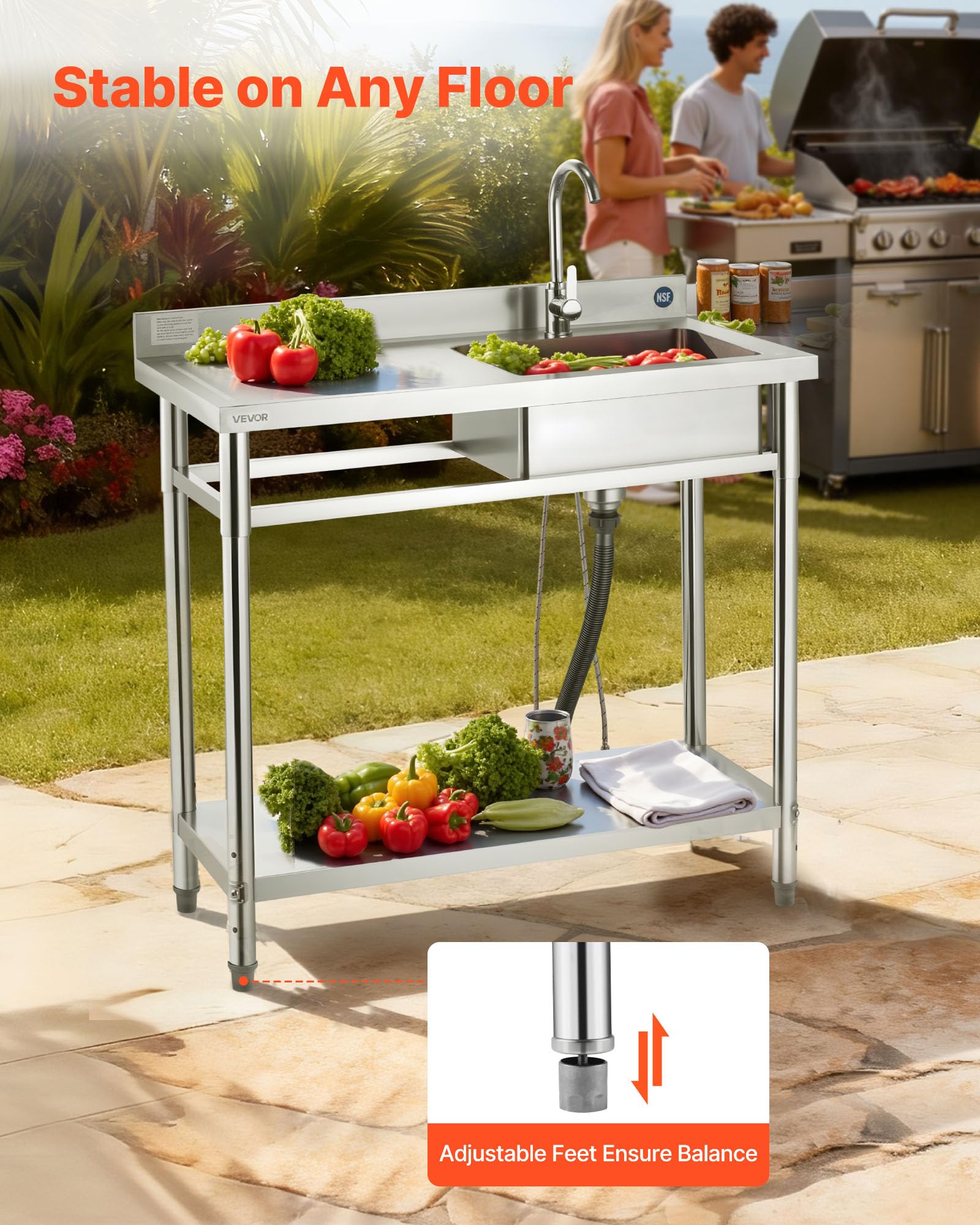 VEVOR Lavello in Acciaio Inox 100 x 50 x 94 cm, Vasca Singola con Rubinetto e Ripiano, Lavello da Cucina per Garage, Ristorante, Lavanderia, Lavabo da Esterno con Piano di Lavoro Sinistra