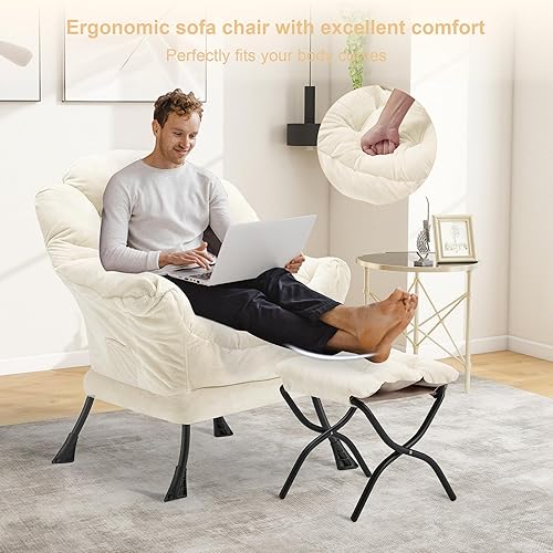 Miniatura 4 de Silla perezosa de tela con otomana, sofá tapizado de gran tamaño para adultos, silla cómoda de felpa con bolsillo lateral grande de almacenamiento,