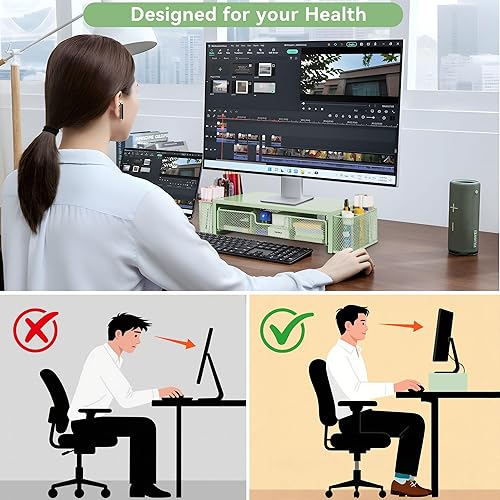 Miniatura 4 de Computer Monitor Stand Riser with Drawer and Pen Holders, Desk Organizer Shelf and Accessories, Office Desk Accessories, Office Organization, Green